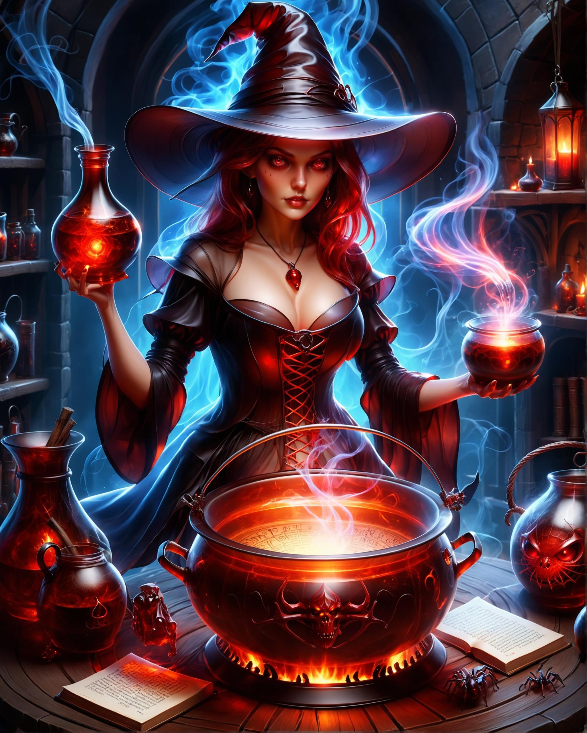 wide-brim hat old witch with glowing red eyes is brewing a potion, stirring a huge glass cauldron with boiling steaming liquid and bones, book of spells, dungeon old shop theme with cobwebs and spiders<lora:dvr-trd:1> dvr-trd