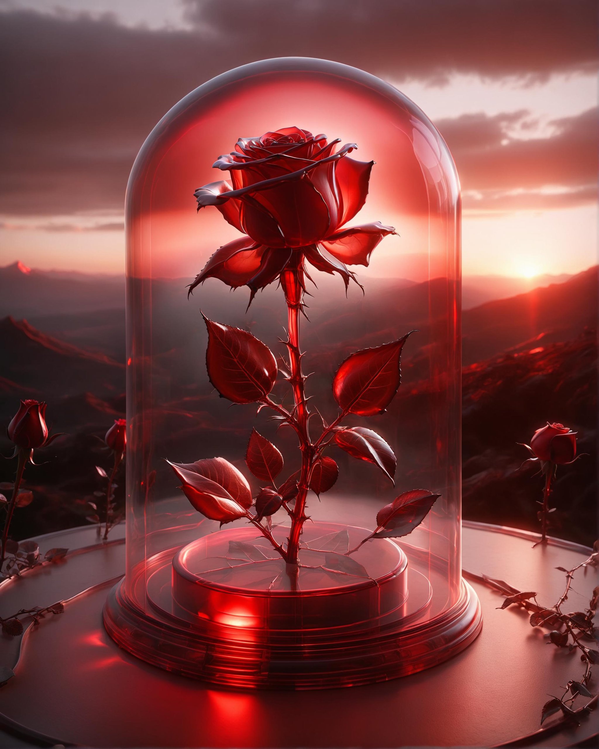 award winning transparent glass red rose, glass dome, ectoplasmic atmosphere enclosure, ethereal, volumetric lighting, cosmic horror, thorny ensemble, gloomy sunset with delicate rays over the hills<lora:dvr-trd:0.8> dvr-trd