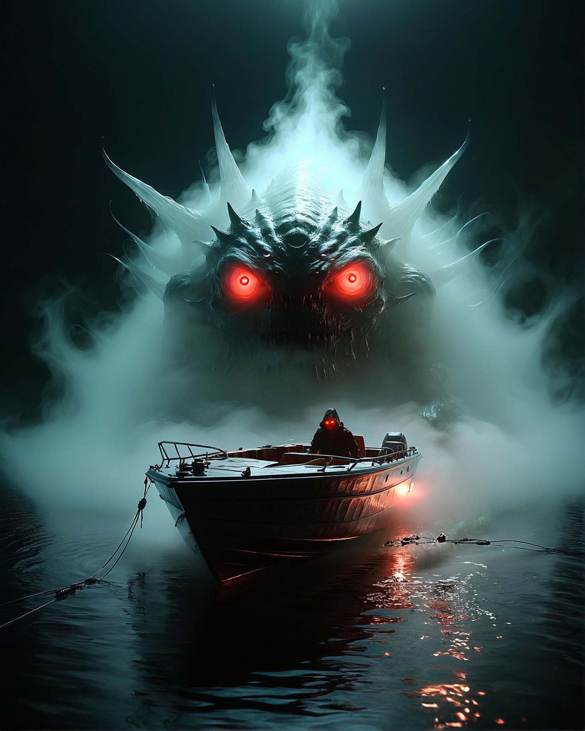 large mist monster with glowing demon eye emerging from the darkness and ectoplasmic mist behind a small boat passing on the cam water, barely visible glowing scales and spikes, ethereal, volumetric lighting<lora:dvr-trd:0.8> dvr-trd