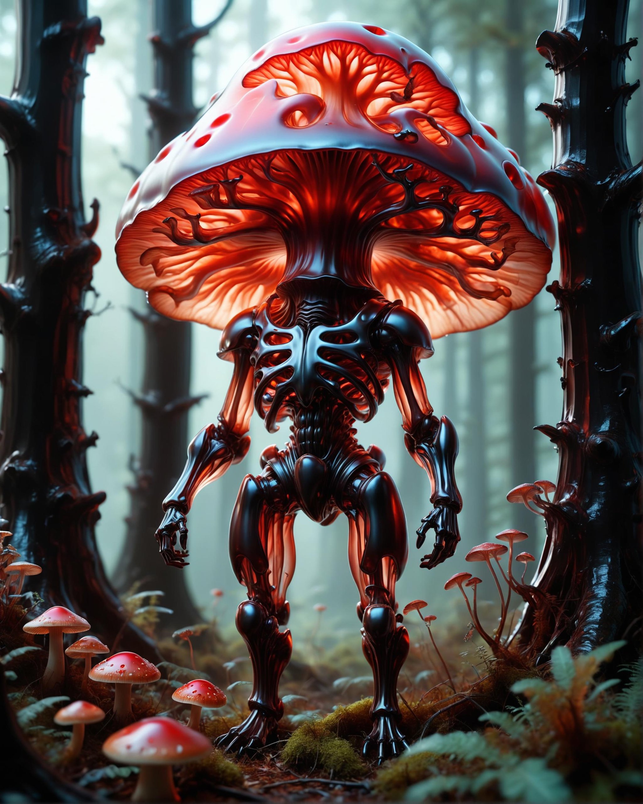 dark and dramatic molecular gastronomy, vibrant baroque magical tevphaestus ((francid)) mushroom, with pitch black exoskeleton mycelium armor, magical forest, intricate artwork by Tooth Wu and Greg Rutkowski, octane render, trending on artstation, cinematic, hyperrealism<lora:dvr-trd:0.8> dvr-trd