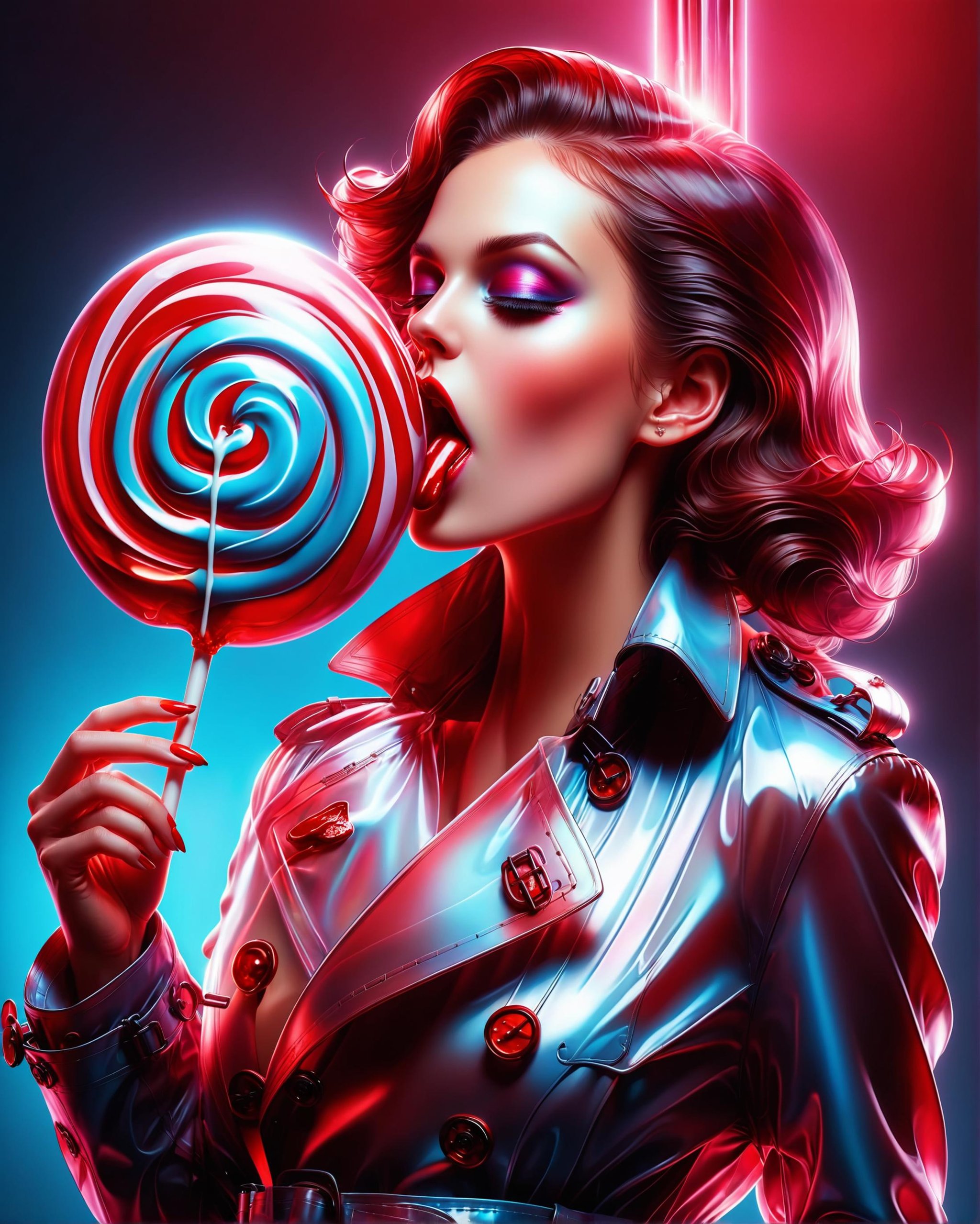 a devilishly hot looking woman wearing a trench coat is licking a giant glossy dmt holographic lollipop, digital illustration, deep contrasting colors, quantum wavetracing<lora:dvr-trd:0.8> dvr-trd