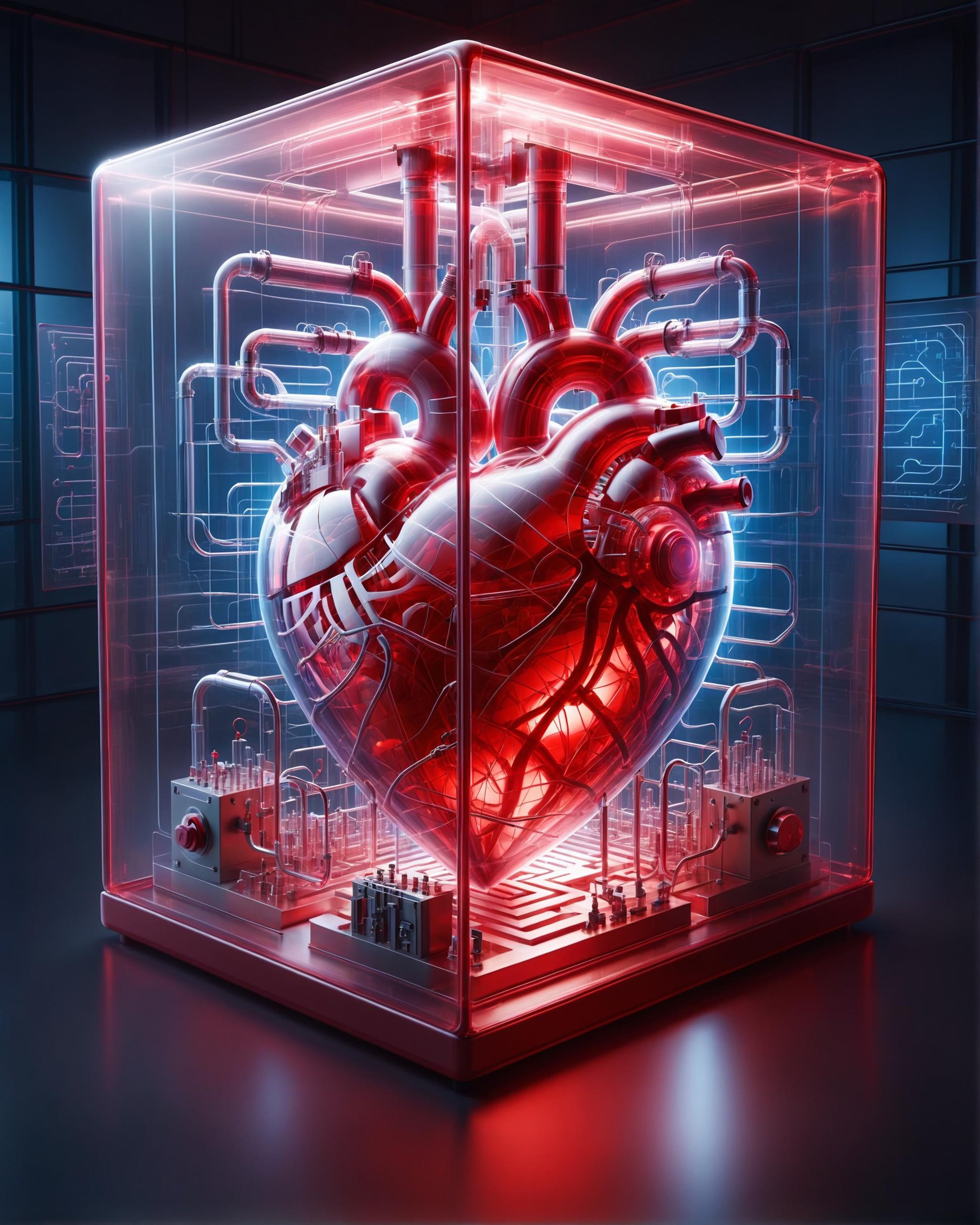 a plastic heart emp wave trapped inside a large glass container used for lab experiments, dim lit room, external metal tube connections creating a mysterious maze, futuristic cryptic cipher, volumetric phased deduplication<lora:dvr-trd:0.8> dvr-trd