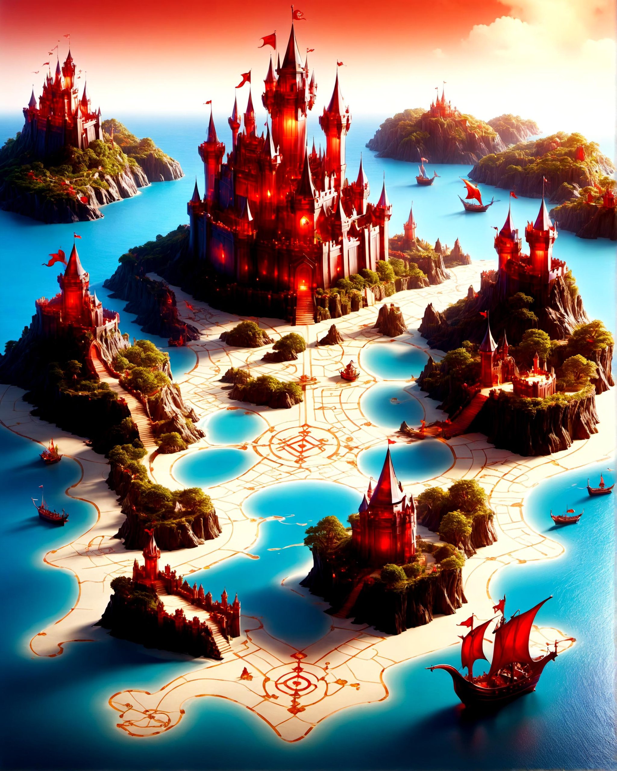 a treasure map with 3d avatars places around key locations, old ink parchment, fantasy, castle, boats, dragons, swords, islands, dotted paths, X marks the spot<lora:dvr-trd:1> dvr-trd