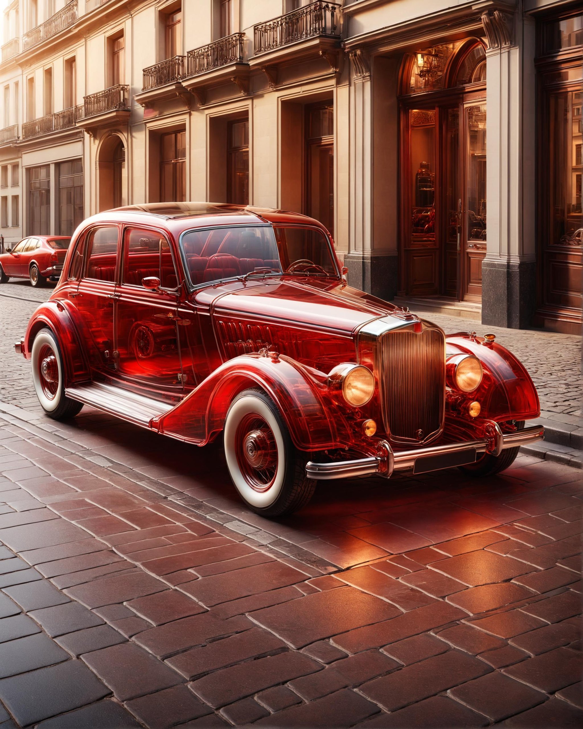 A classic vintage car parked on a city street, its bodywork and interior materfully crafted<lora:dvr-trd:1> dvr-trd