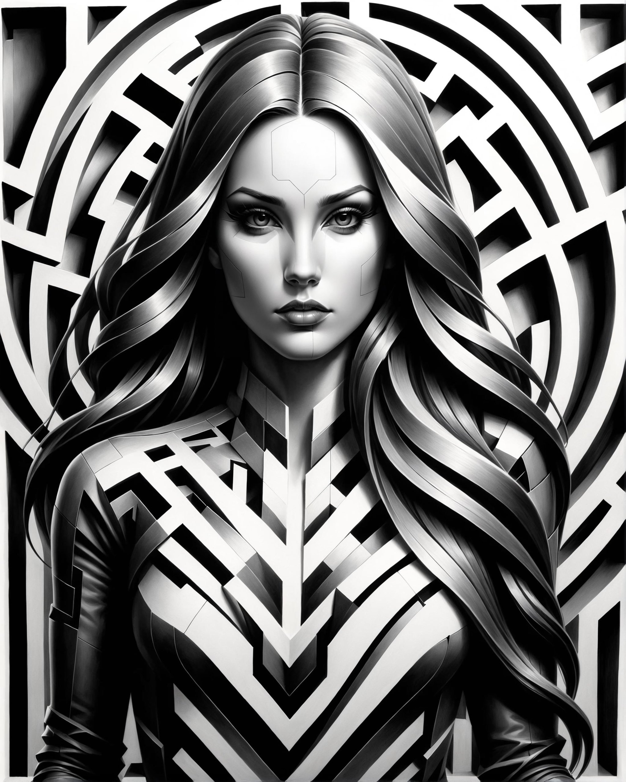 pencil drawing, b&w portrait of a woman with long hair, stylized as a maze, high contrast, charcoal influences<lora:dvr-shrp:0.8> dvr-shrp