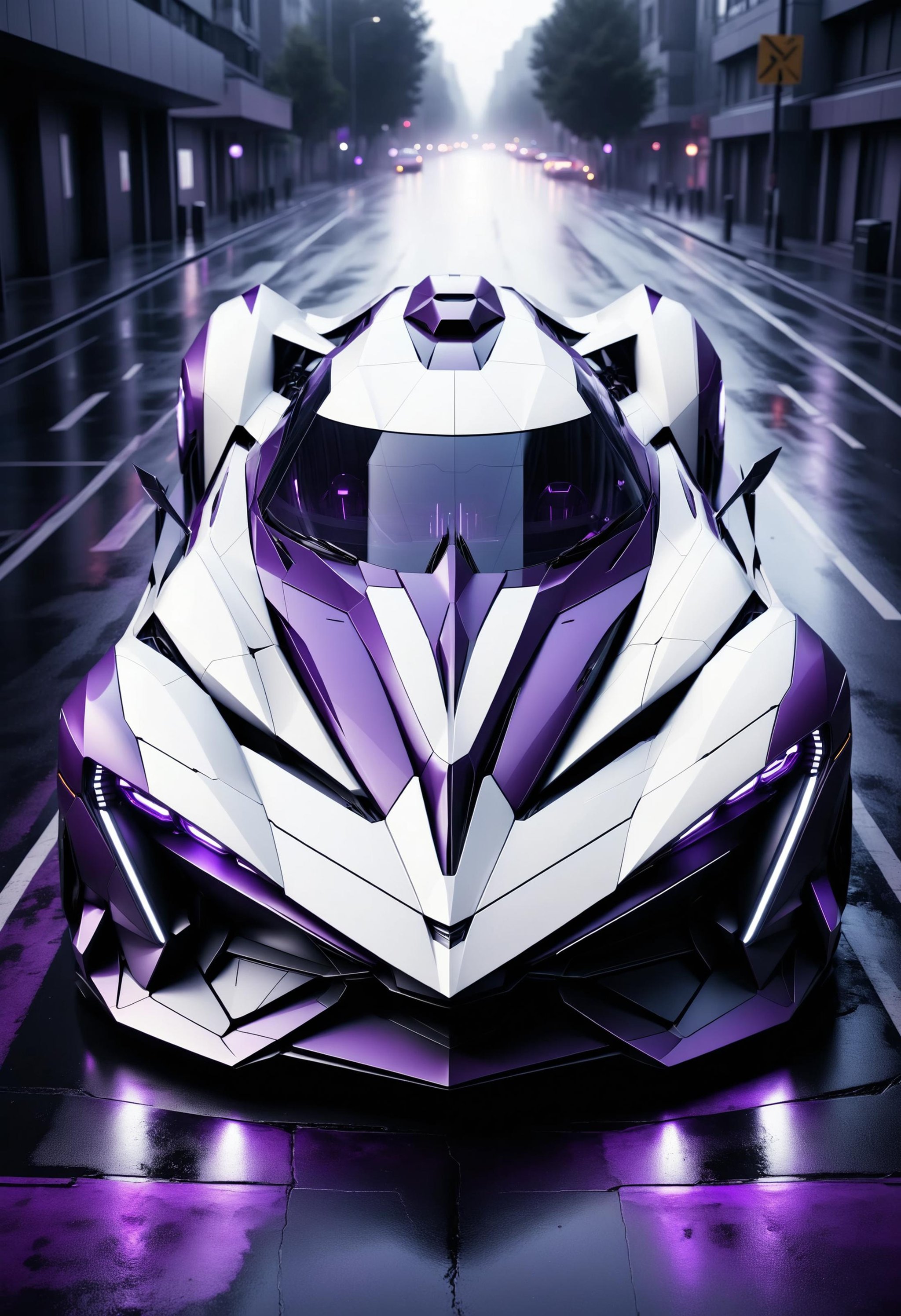 award winning photo of a drone eye view of a purple and white futuristic hypercar, large glowing headlights, cinematic still, at night, wet streets<lora:dvr-shrp:0.8> dvr-shrp 