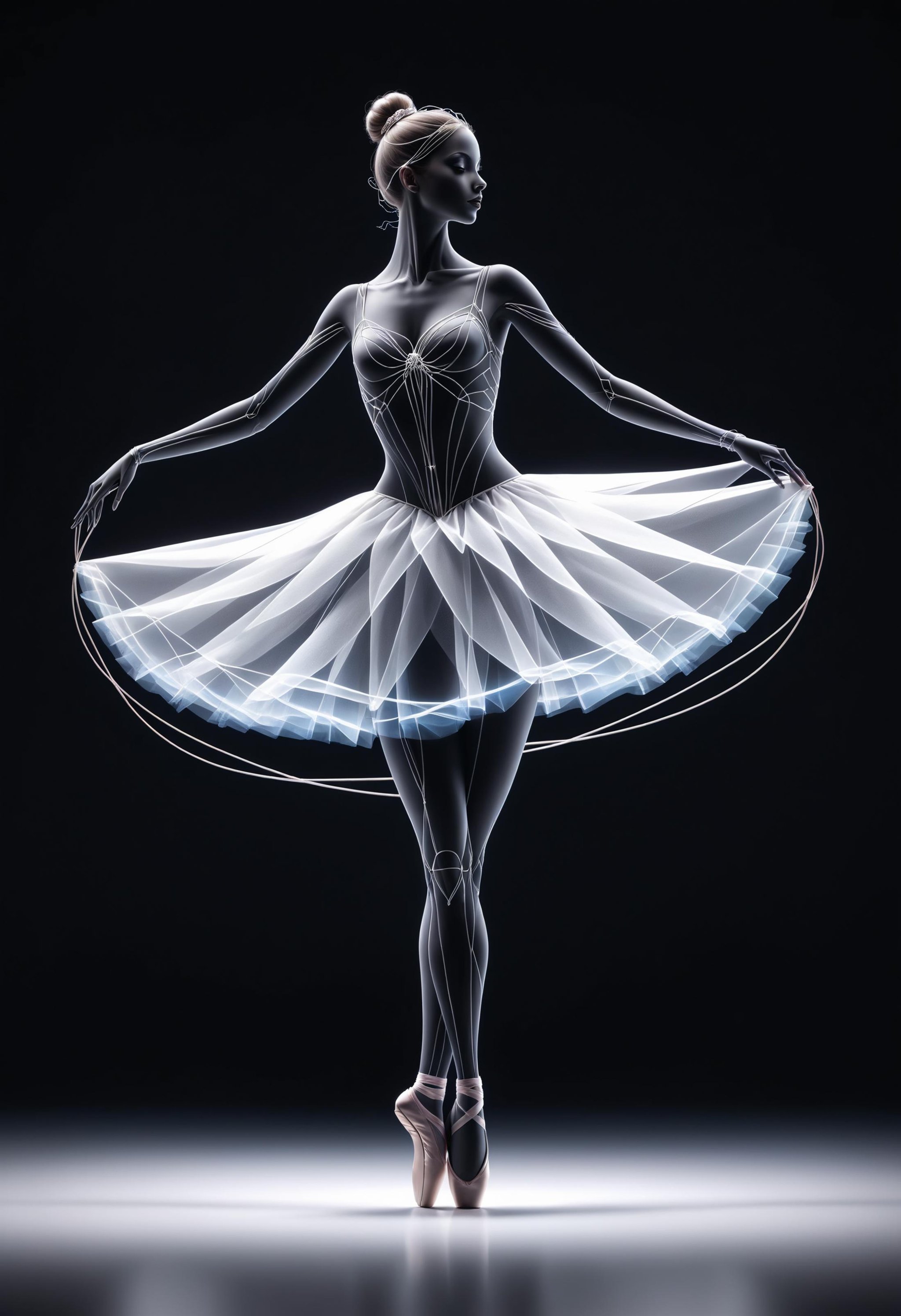 a ballerina made of simple chalk outline of twisted wire, transparent body, bokeh, x-ray effect, hollow body<lora:dvr-shrp:1> dvr-shrp