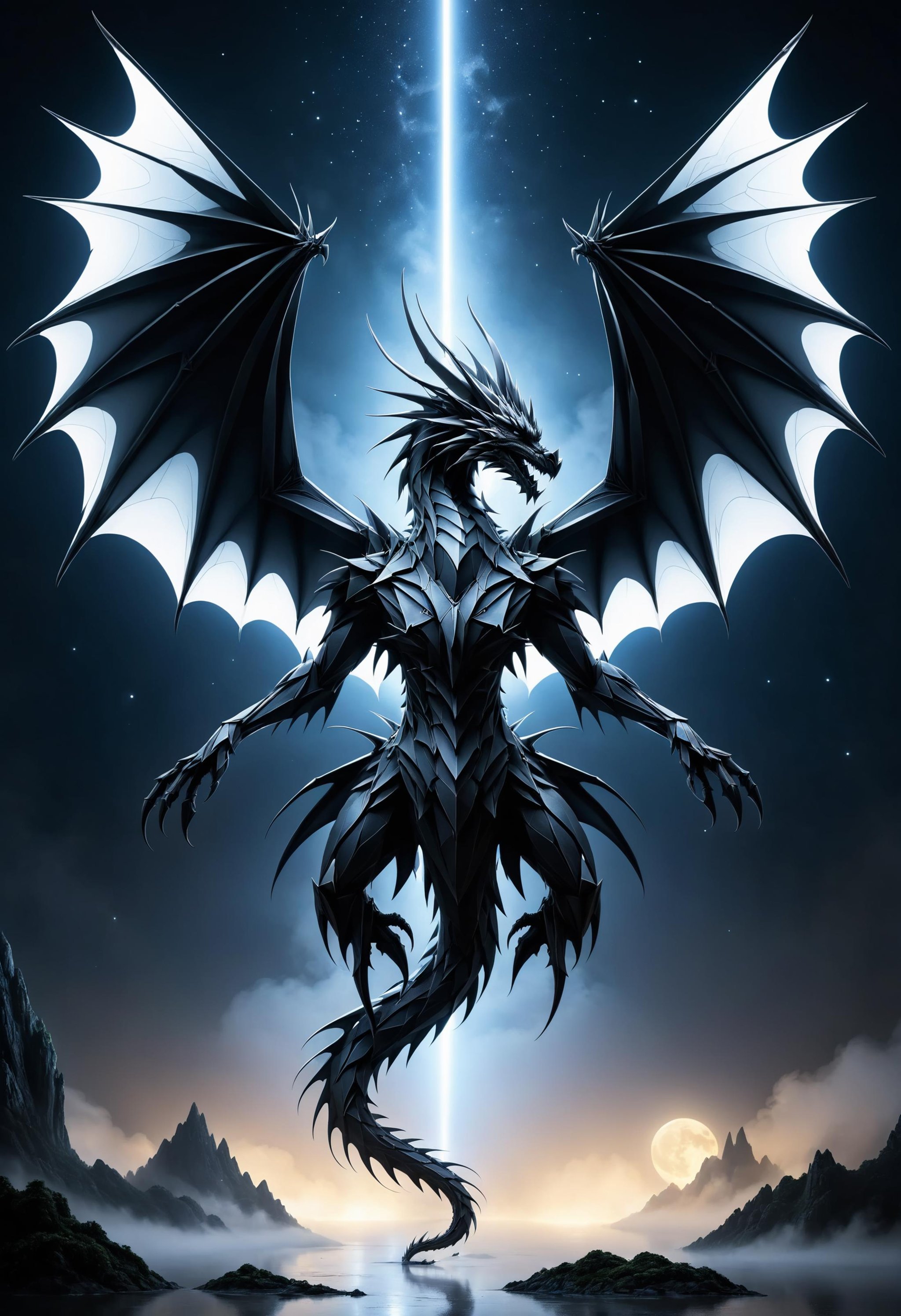 a dragon with spread wings, at night, foggy, intricate details<lora:dvr-shrp:0.75> dvr-shrp