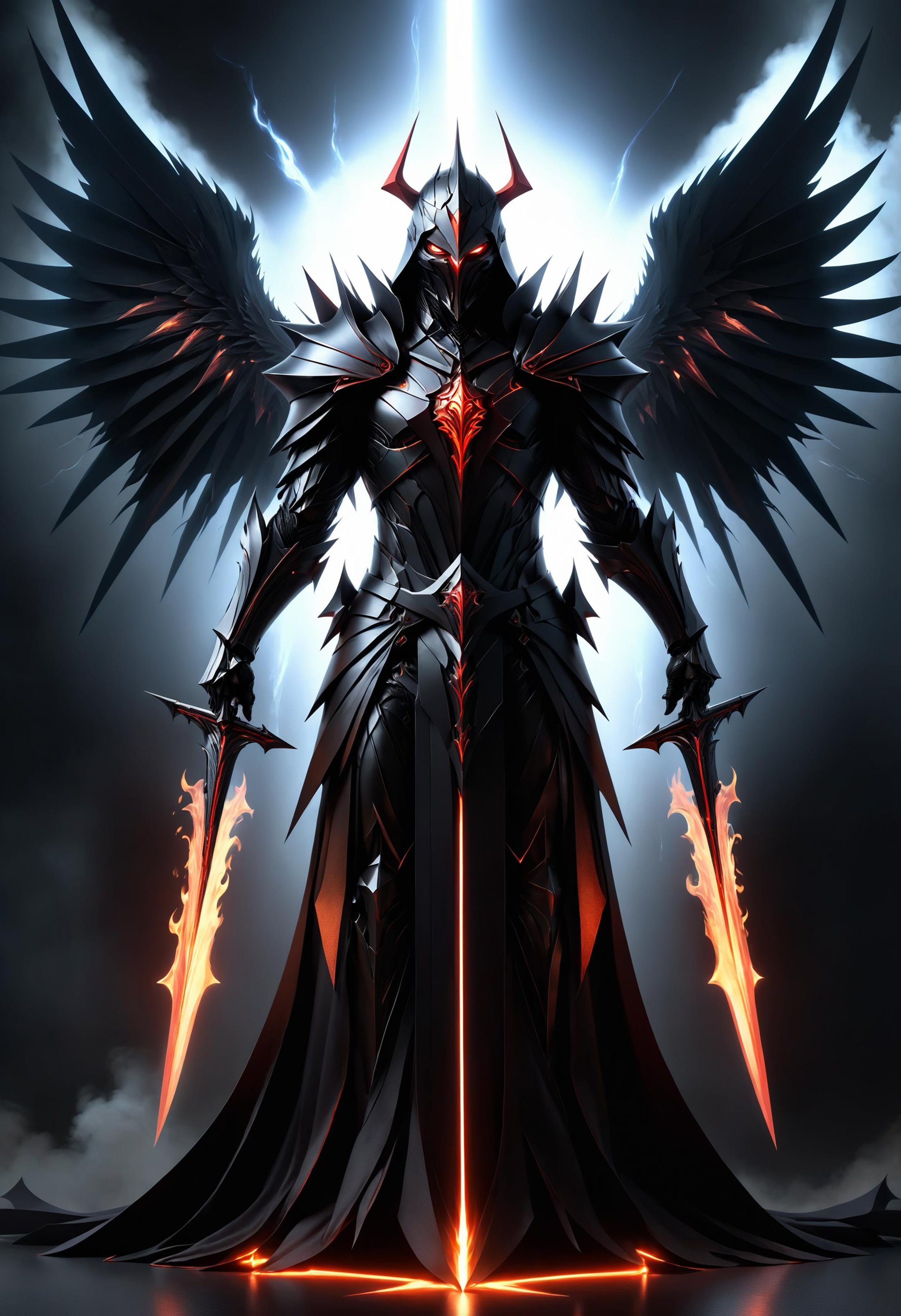 poster art, evil knight with a long flowing dark cape, angel of darkness, flaming wings, glowing swords, fearsome and visually striking character with shifting tendrils, red glowing eyes, dark holographic glow, dim light, fantasy art, attention to details, octane render, volumetrics, by greg rutkowski<lora:dvr-shrp:1> dvr-shrp