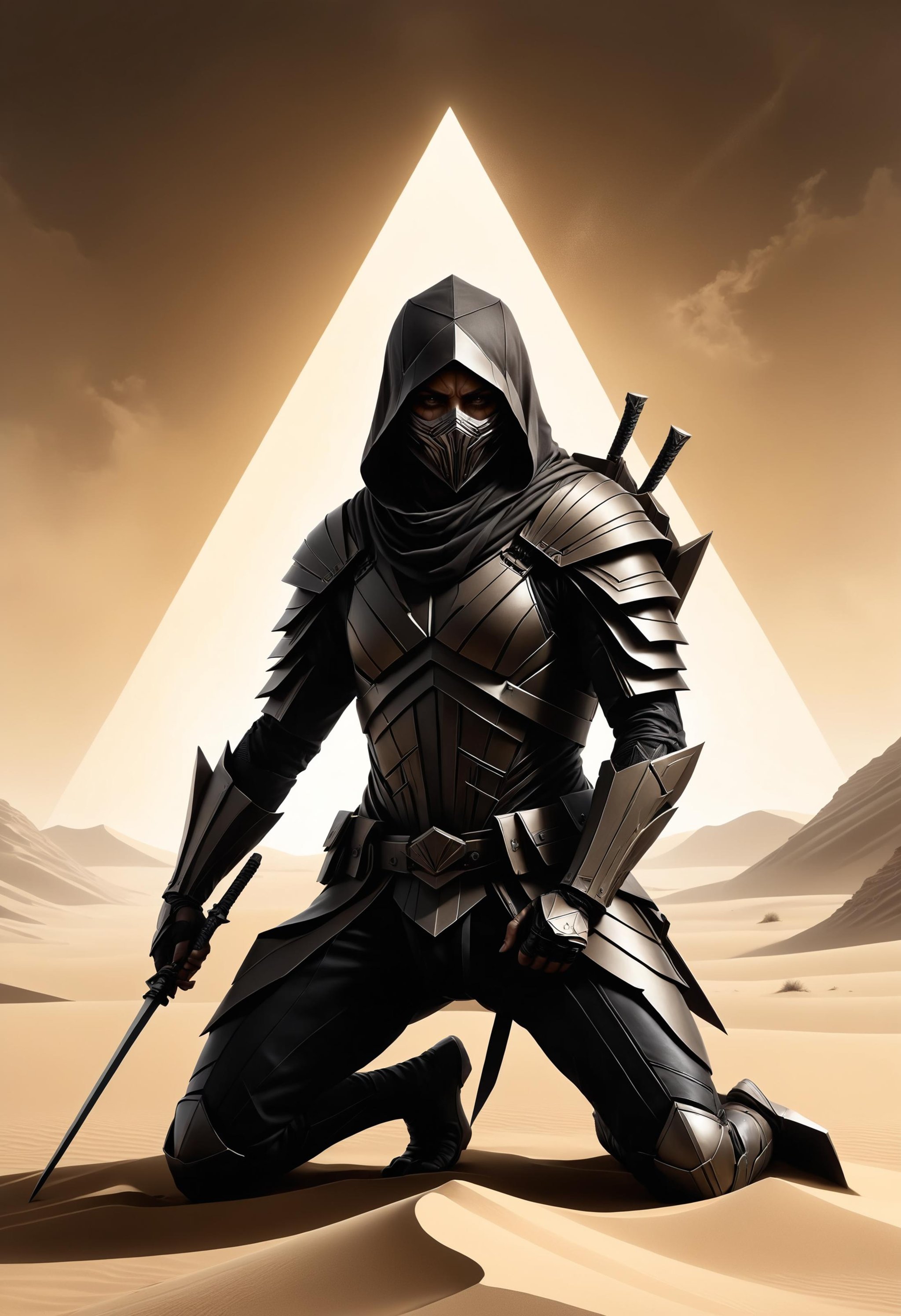 rogue assassin made of shifting sands, kneeling warrior in the style of Dan Hillier, holding small dagger, harnessing the power of the dvr-shrp, on the path of no return, sandstorm, abstract, neofuturism, attention to details, Photorealistic, Hyperrealistic, Hyperdetailed, analog style, soft lighting, subsurface scattering, realistic, heavy shadow<lora:dvr-shrp:0.8>