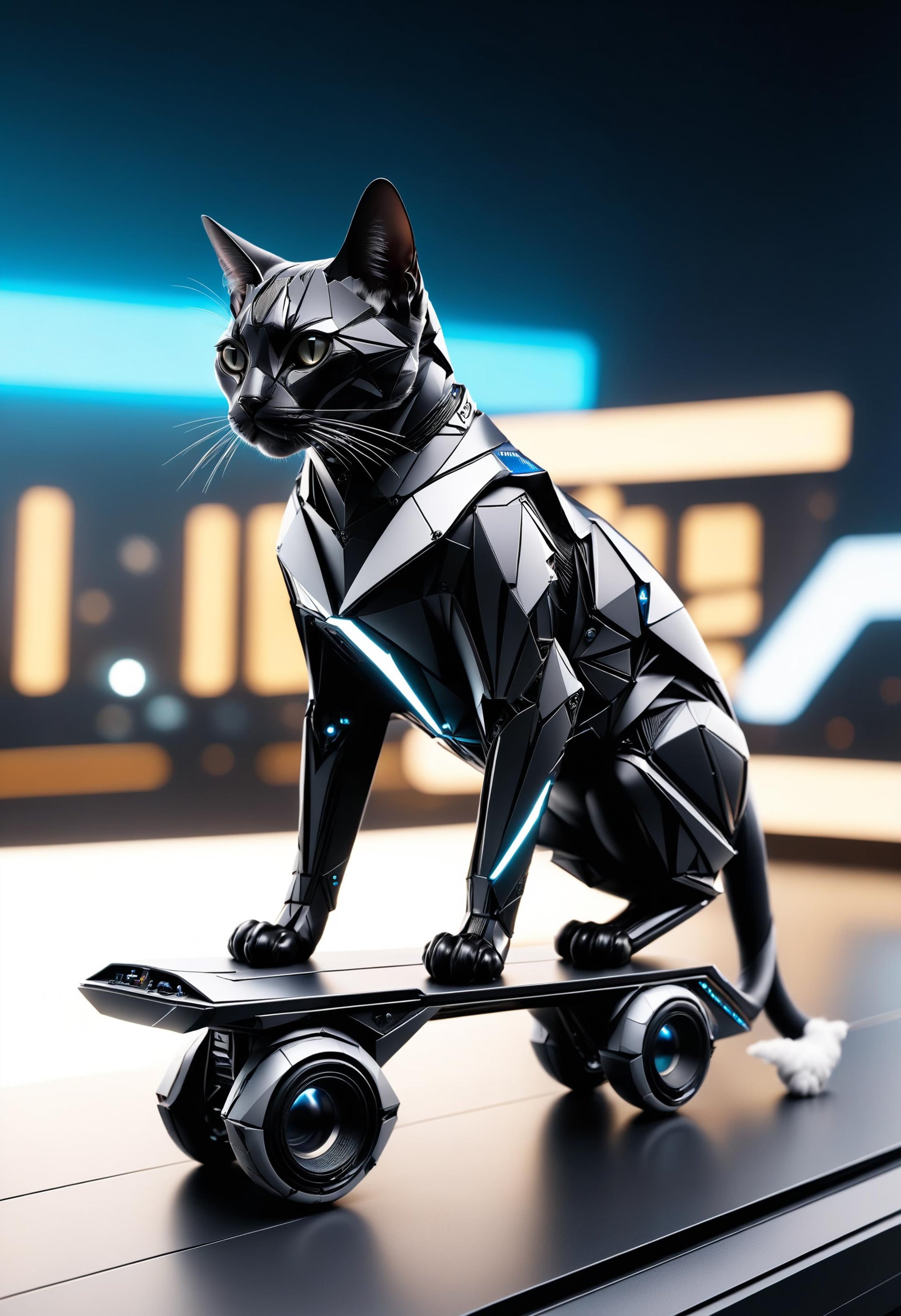 cinematic photo astro cat wearing something riding a [skateboard : large flat cat: 5], high tech suite, side view<lora:dvr-shrp:1> dvr-shrp . 35mm photograph, film, bokeh, professional, 4k, highly detailed