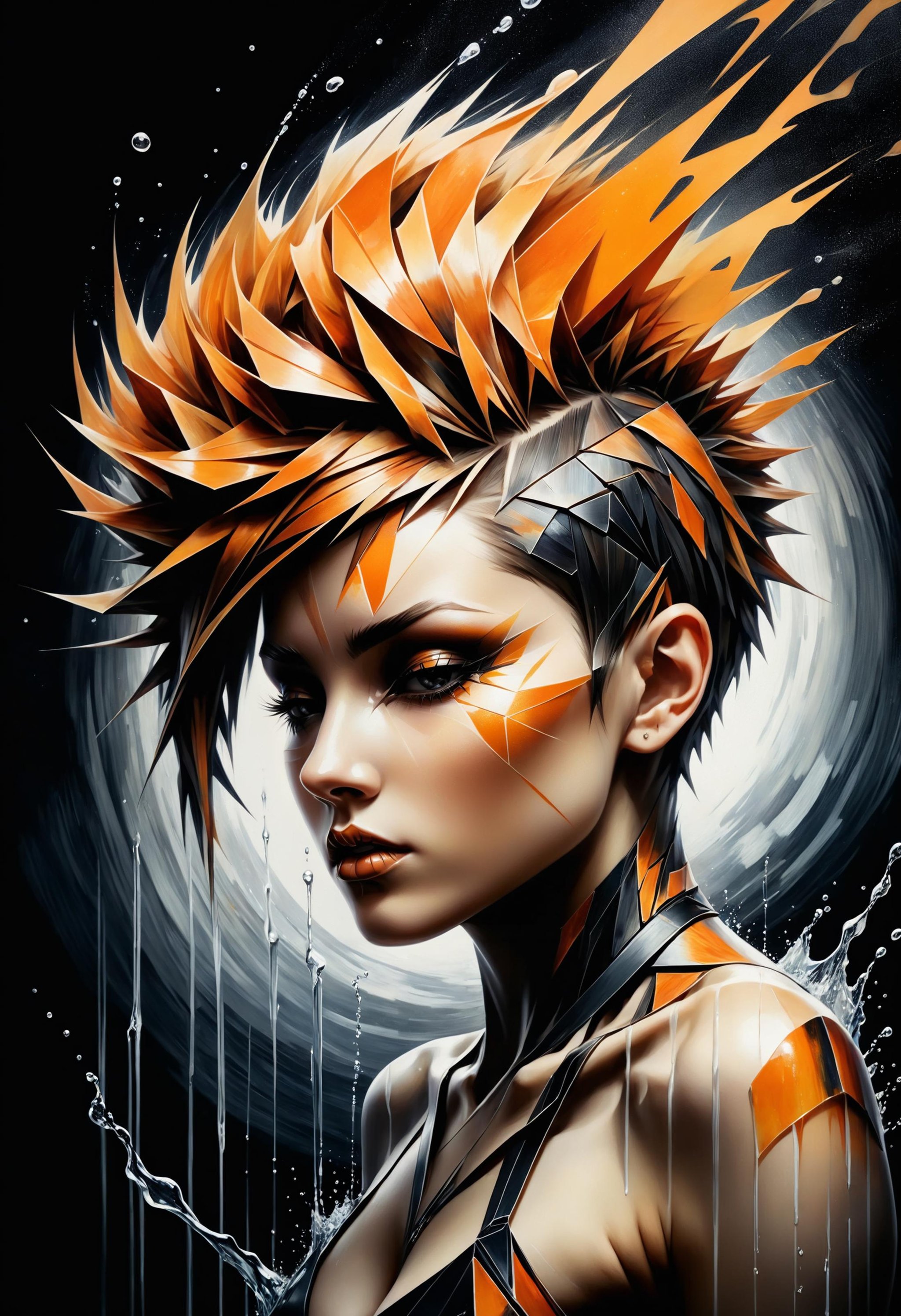 (analog film:2.0), woman bending water, pixie mohawk haircut, black and orange, chaotic resonance, microdisplacement, aetheric realm, chiaroscuro, symbolism, intricate details, style of (Leonid Afremov:1.2) and Anna Dittmann, faded film, desaturated, 35mm photo<lora:dvr-shrp:1> dvr-shrp