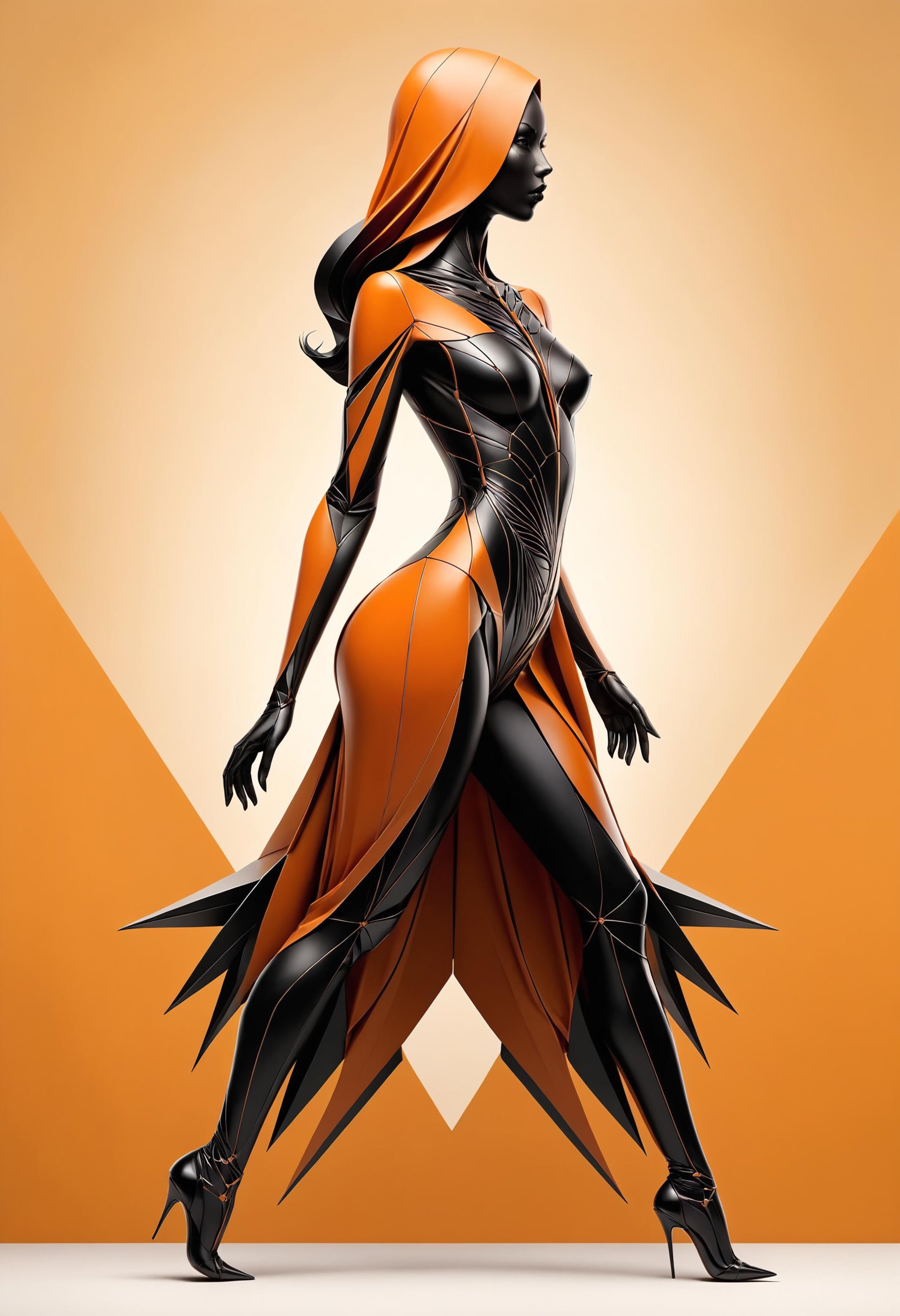 [ nanite geometry, thorny ladder :concept art of a silhouette outline of a woman, half computer body and silver filigree and obsidian leaf, veins : 6 ], by (Igor Morski and Kati Horna :1.2), orange tan background<lora:dvr-shrp:1> dvr-shrp