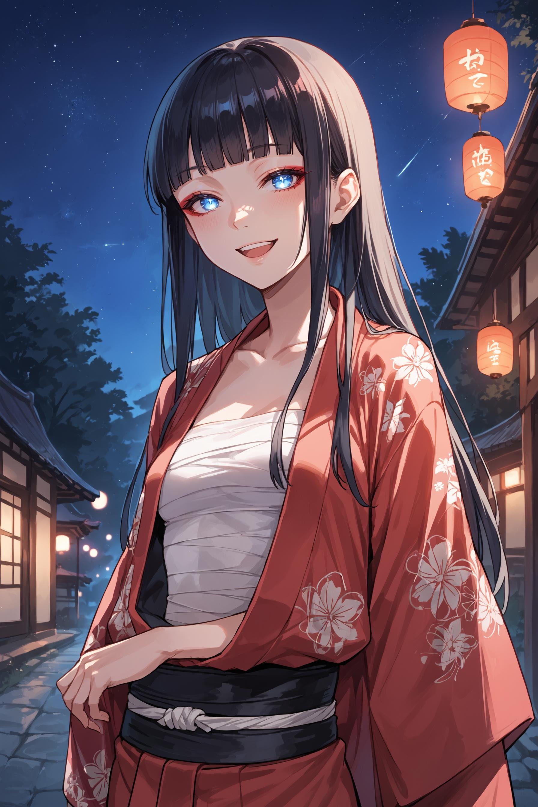 (score_9, score_8_up, score_7_up) BREAK source_anime,1girl,solo,blue eyes,glowing eyes,red eyeshadow,black hair,long hair,blunt bangs,japanese clothes,arm inside kimono,small breasts,chest sarashi,print kimono,smile,open mouth,looking at viewer,upper body,outdoors,night,starry sky,<lora:c_kimono_32dim_v1:1>,