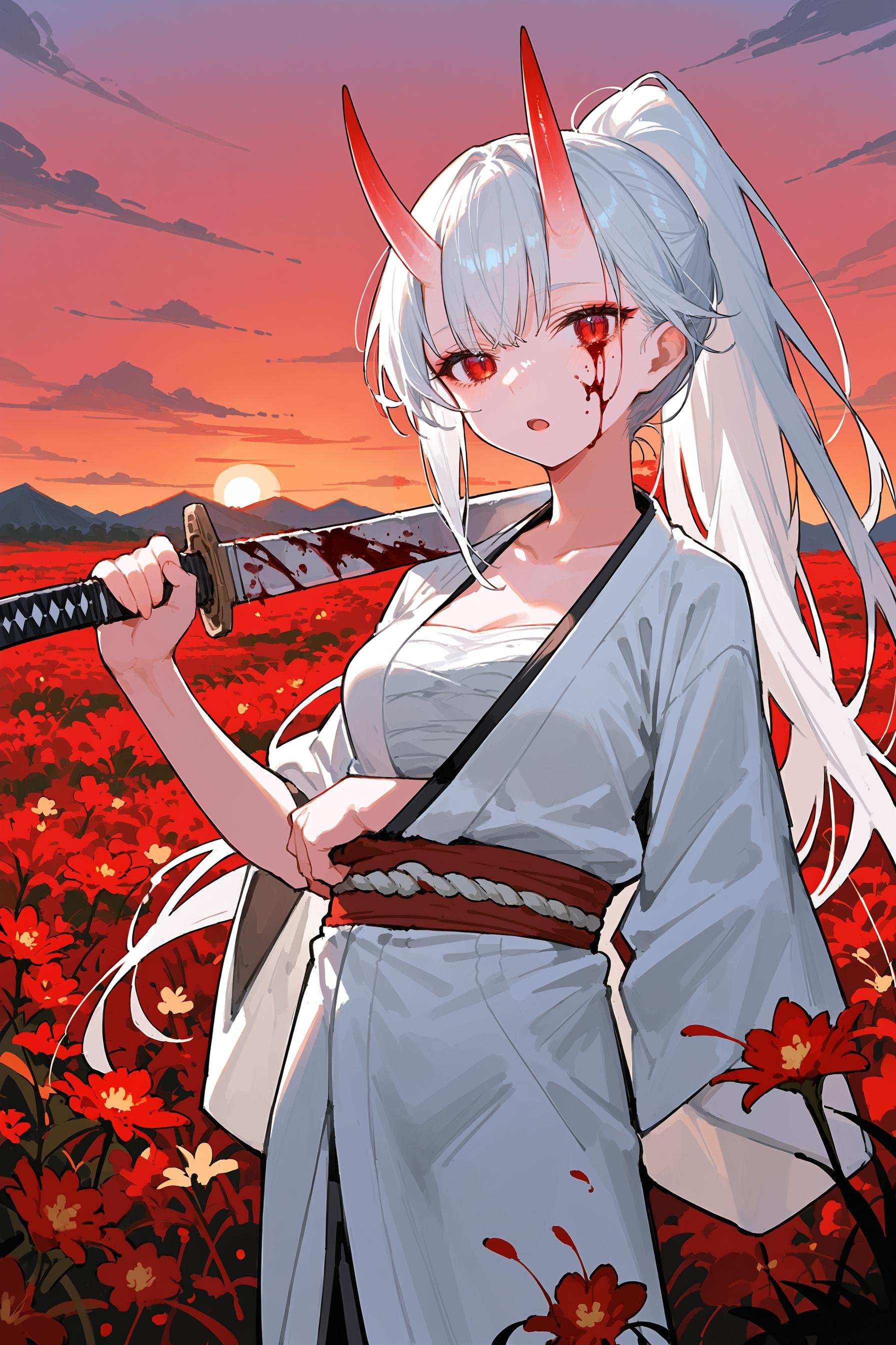 (score_9, score_8_up, score_7_up) BREAK source_anime,1girl,solo,red eyes,white hair,long hair,ponytail,oni horns,japanese clothes,(arm inside kimono:1.2),holding weapon,holding sword,medium breasts,chest sarashi,white kimono,blood,blood on clothes,blood on face,expressionless,open mouth,looking at viewer,cowboy shot,outdoors,sunset,flower field,fire,mountainous horizon,<lora:c_kimono_32dim_v1:1>,