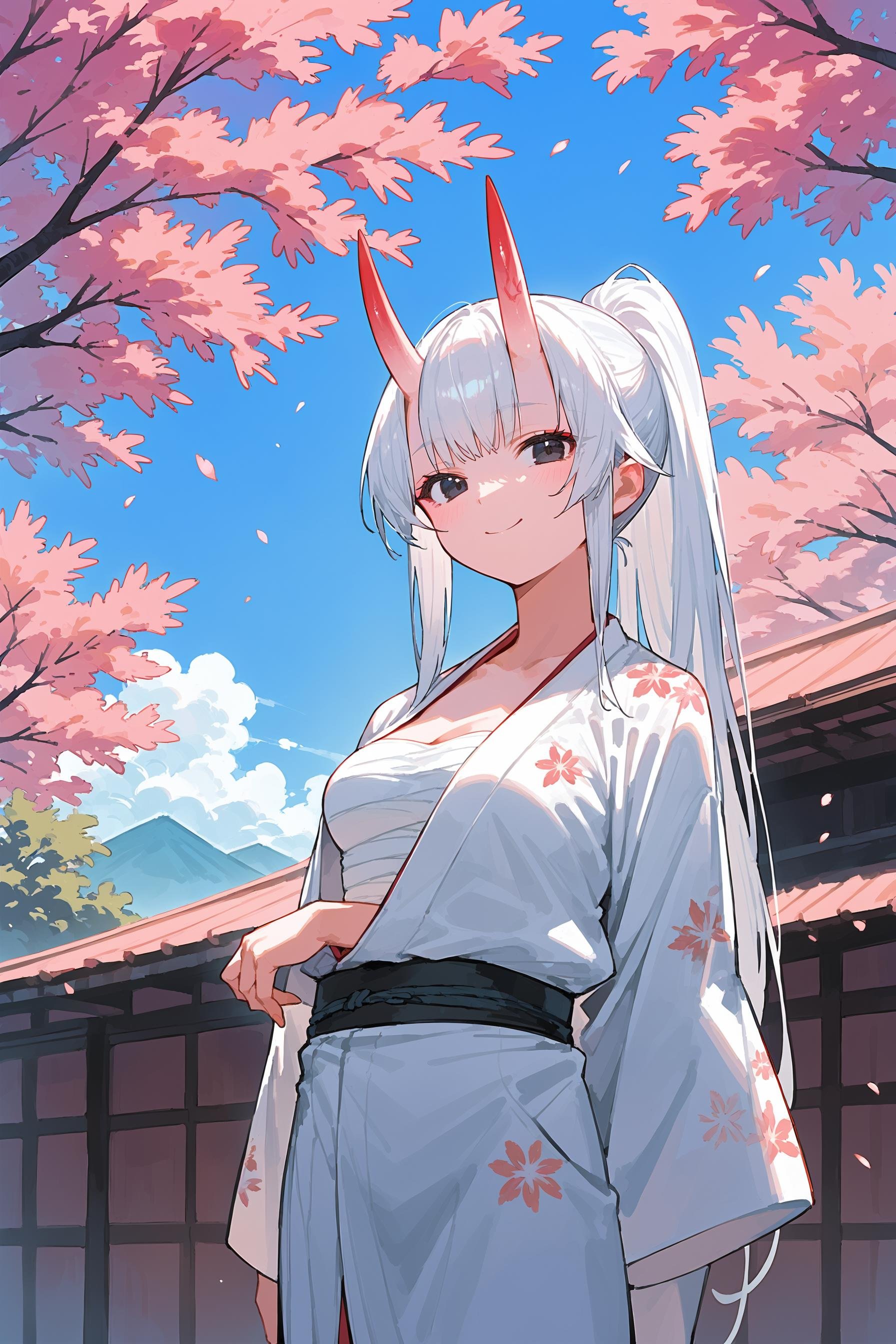 (score_9, score_8_up, score_7_up) BREAK source_anime,1girl,solo,black eyes,white hair,long hair,ponytail,oni horns,japanese clothes,arm inside kimono,medium breasts,chest sarashi,print kimono,smile,looking at viewer,cowboy shot,standing,outdoors,sakura,sakura tree,day,blue sky,<lora:c_kimono_32dim_v1:1>,