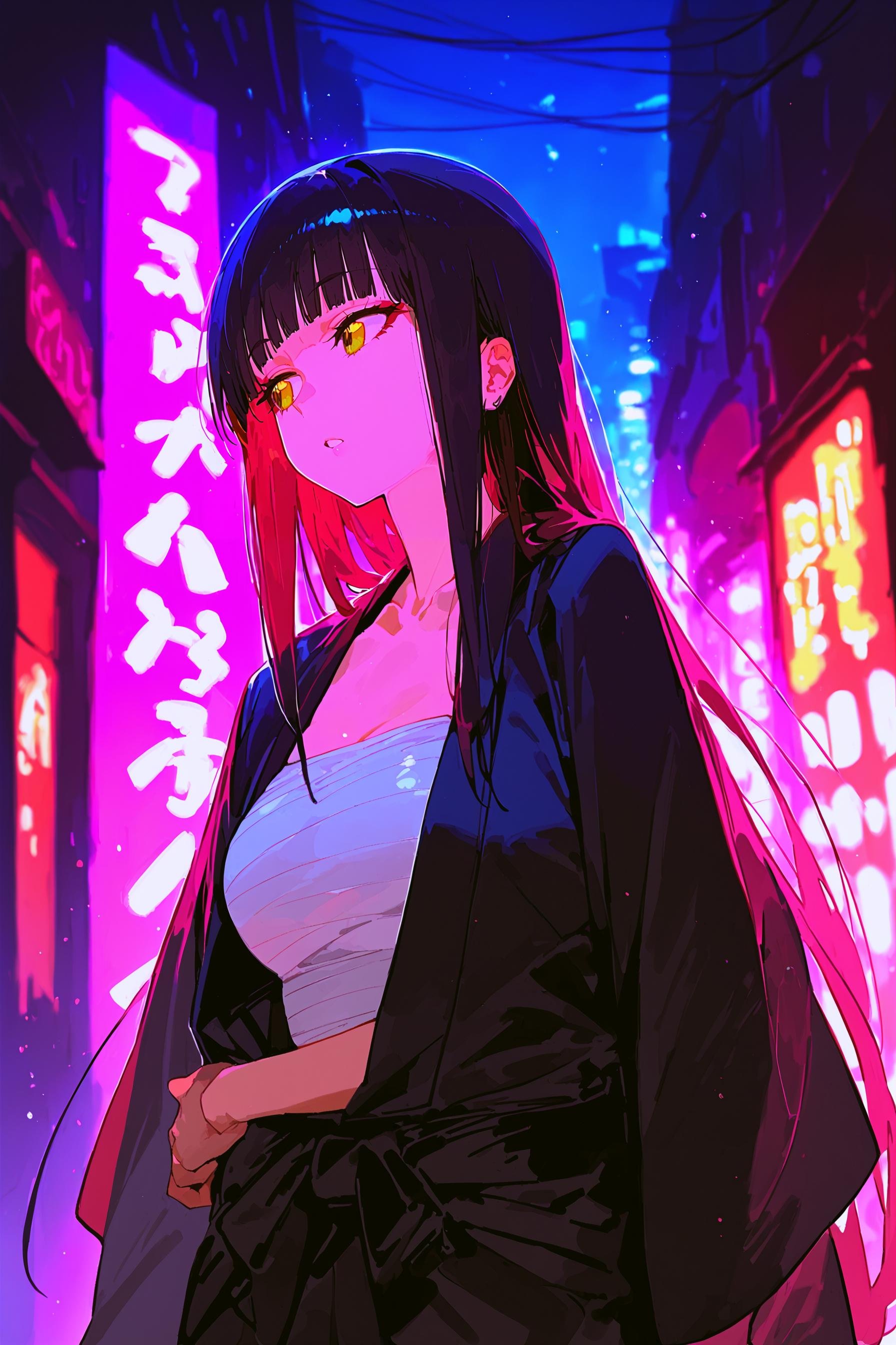 (score_9, score_8_up, score_7_up) BREAK source_anime,1girl,solo,yellow eyes,red eyeshadow,black hair,long hair,blunt bangs,japanese clothes,arm inside kimono,medium breasts,chest sarashi,black kimono,expressionless,open mouth,looking to the side,upper body,outdoors,night,alley,street,city,neon,neon lights,neon trim,shadow,blurry background,<lora:c_kimono_32dim_v1:1>,<lora:neon_v1:1>,