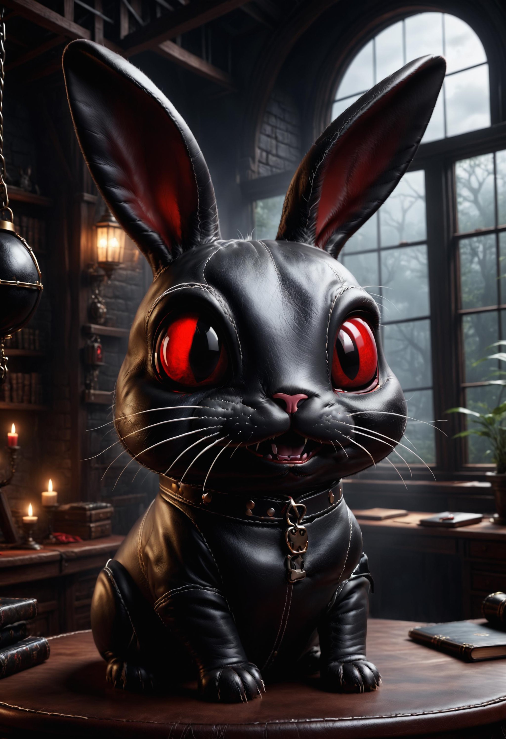 <lora:dvr-lthr:1> dvr-lthr, hyper realistic, dark atmosphere, surreal mood, evil derpy bunny plotting to take over the world, evil smile, red eyes, trending on artstation, high quality, 4k