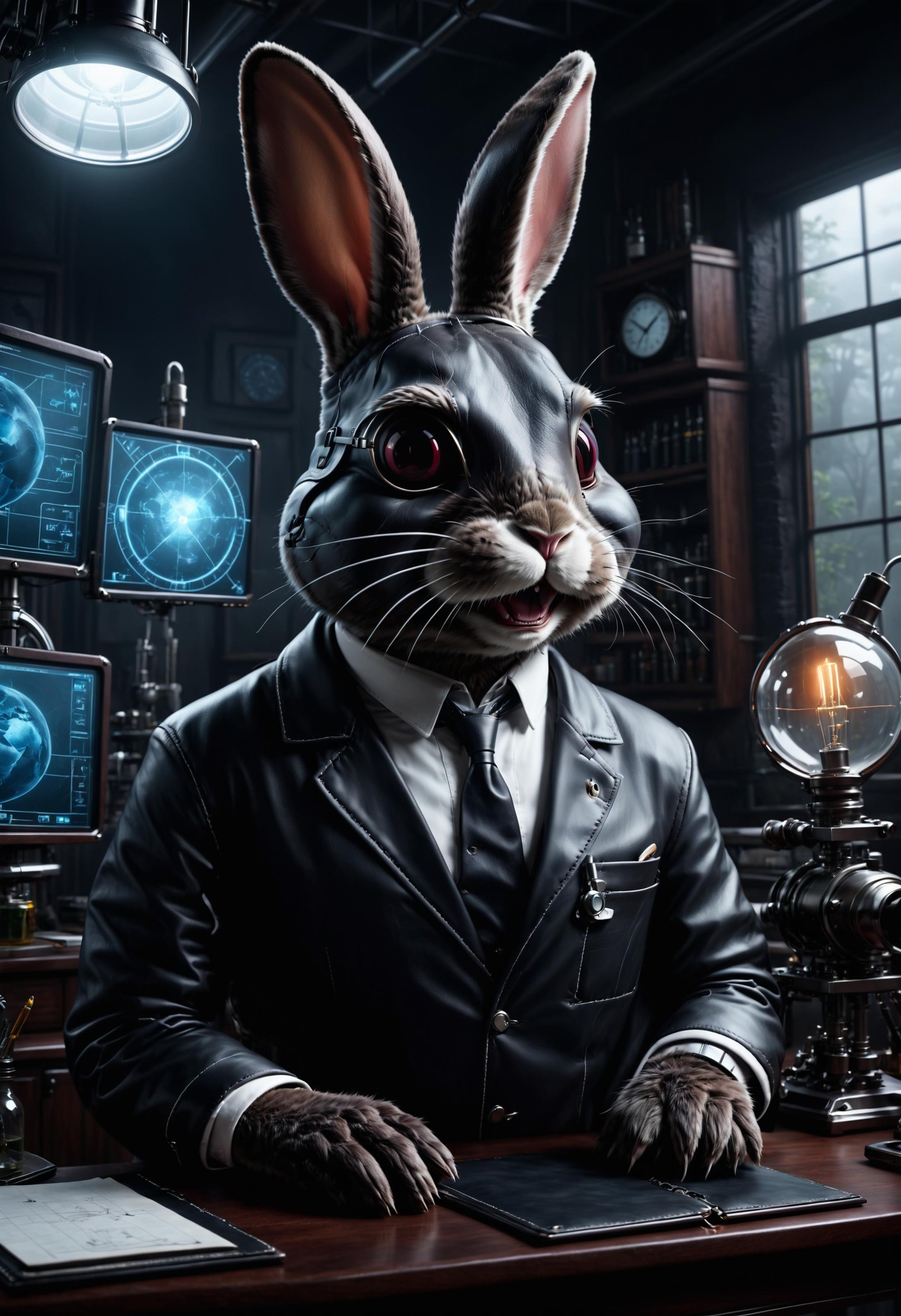 <lora:dvr-lthr:1> dvr-lthr, hyper realistic, dark atmosphere, surreal mood, evil bunny scientist plotting to take over the world, evil smile, trending on artstation, high quality, 4k