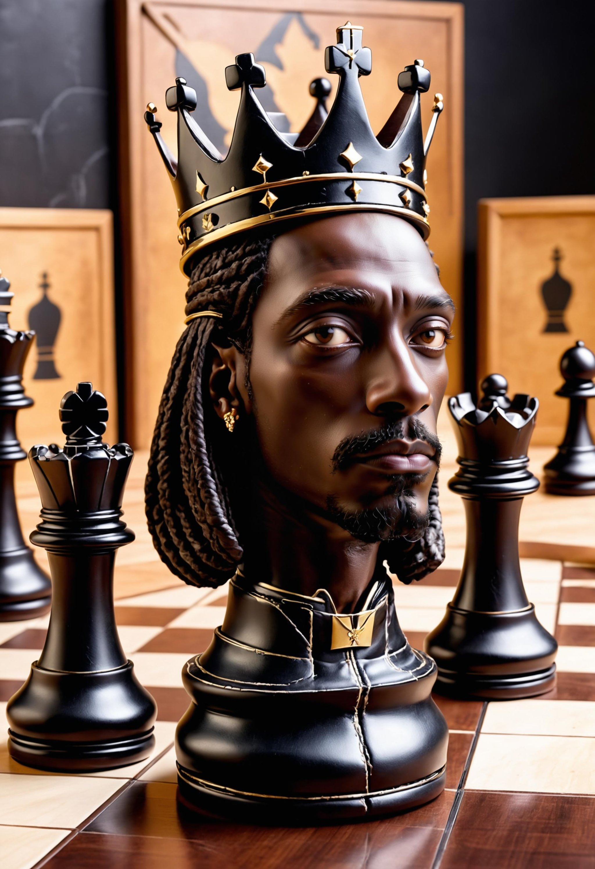 a black chess piece[: looking like Snoop Dogg : 6], wearing a crown, in the style of William Copley and Ismail Inceoglu, on a chess board with large squares and pieces in the background<lora:dvr-lthr:1> dvr-lthr