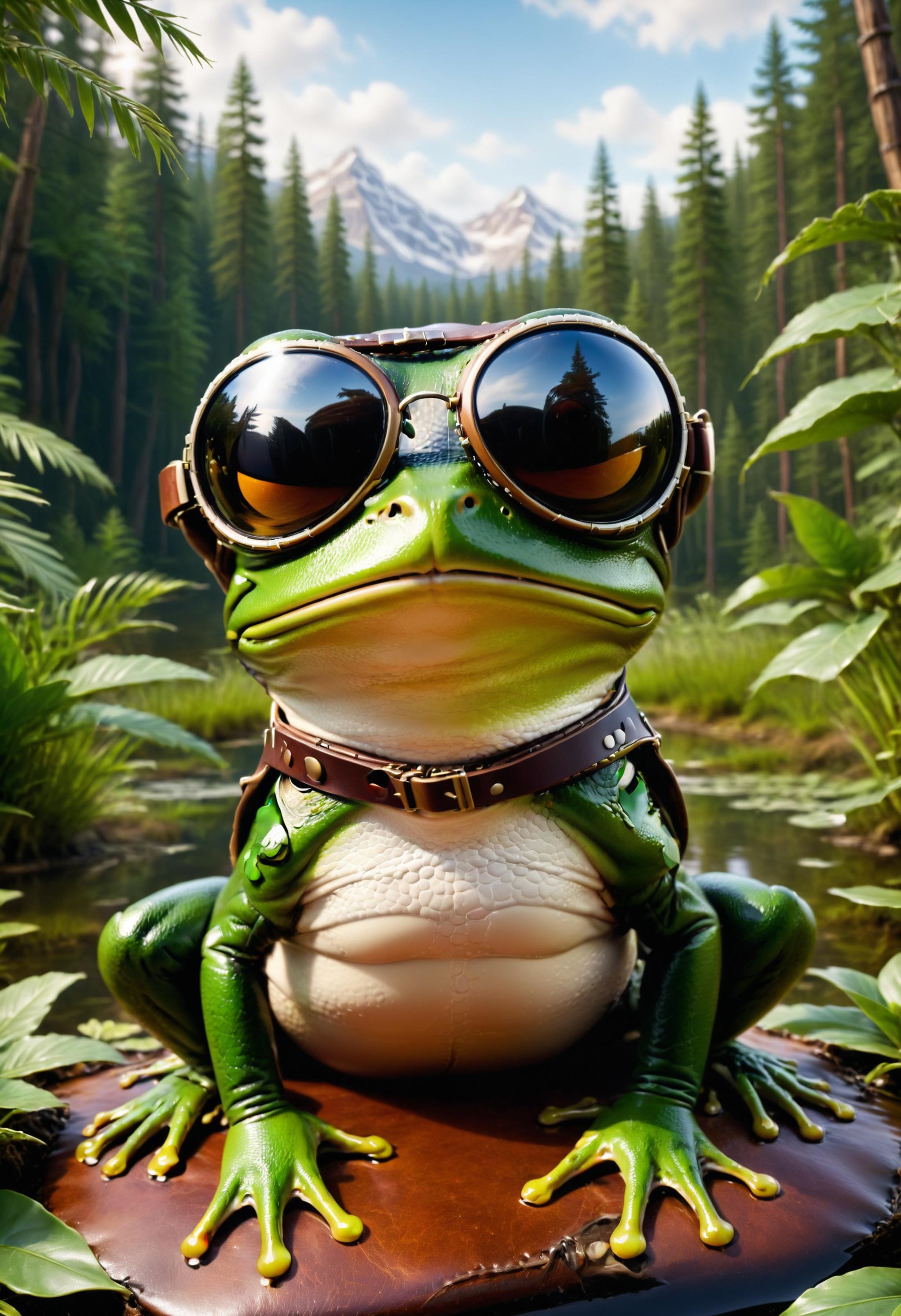 a happy frog wearing aviator goggles<lora:dvr-lthr:1> dvr-lthr