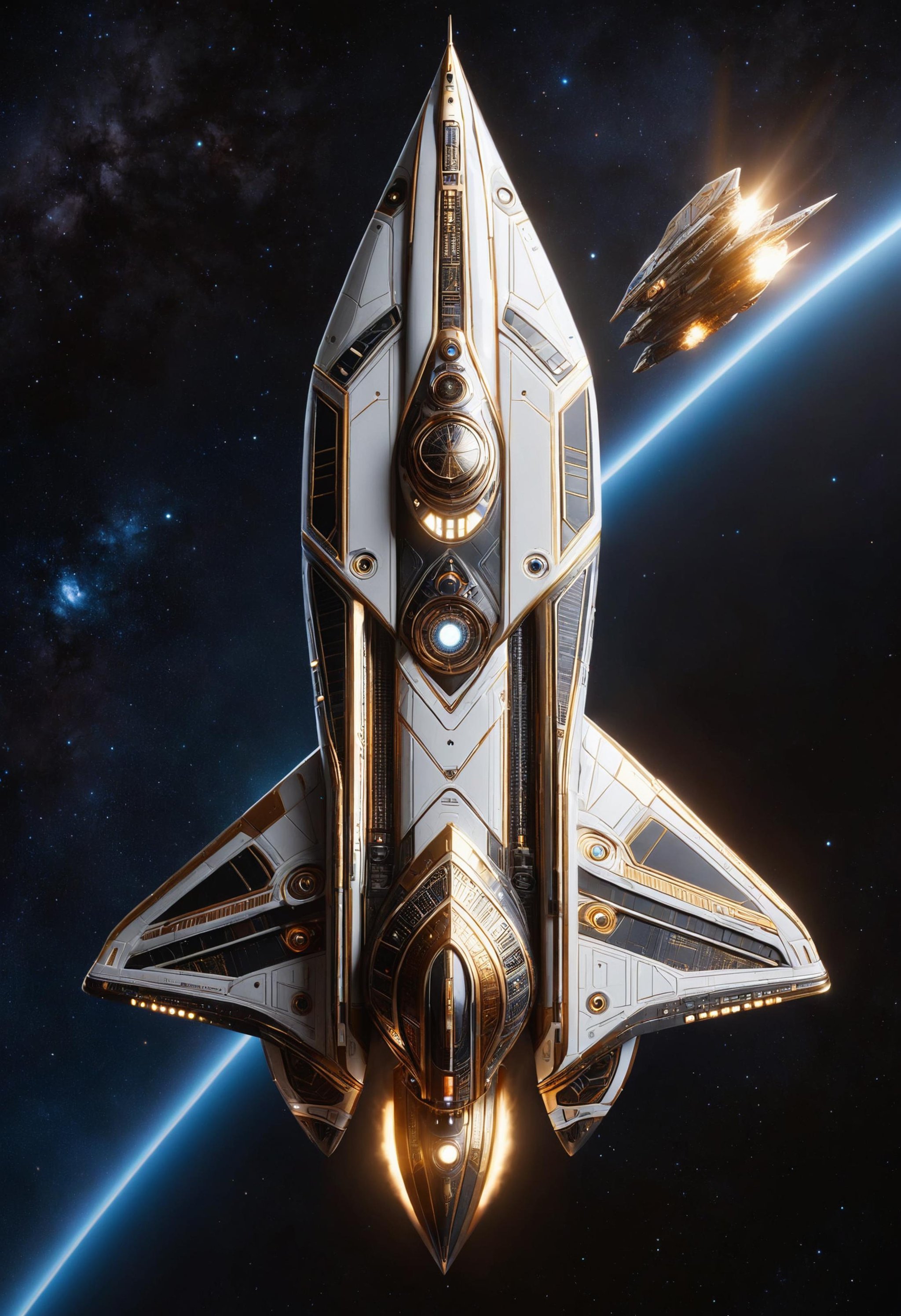 a spaceship made of dvr-frft in the shape of an spear traveling through space, scifi scene, ambient occlusion, volumetric lighting, unreal engine, octane render, trending on artstation, art by artgerm and james gurney and greg rutkowski<lora:dvr-frft:0.8>