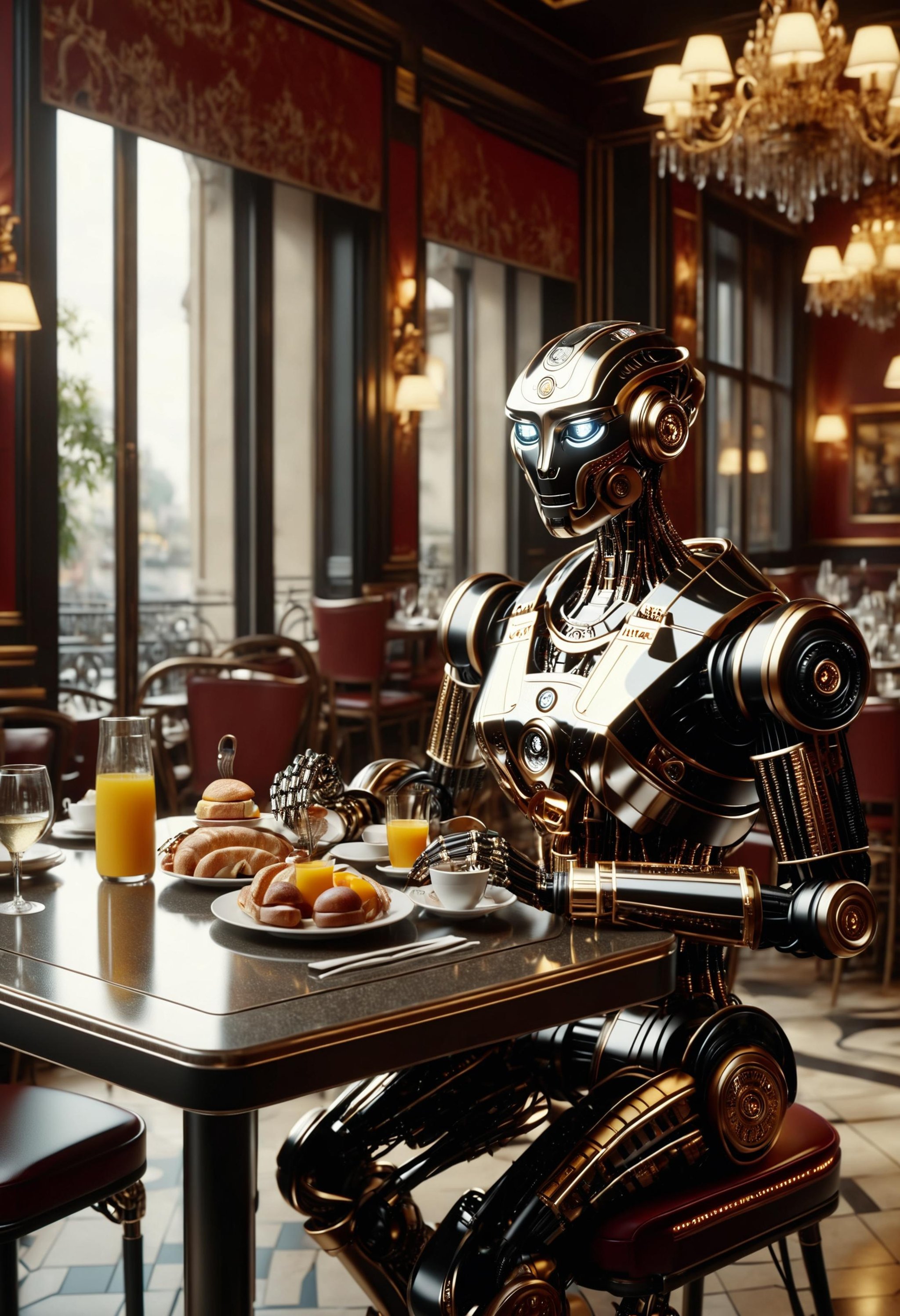 a dvr-frft robot having breakfast in a posh french restaurant, cinematic lighting, 4k, UHD, trending on Artstation<lora:dvr-frft:0.8>