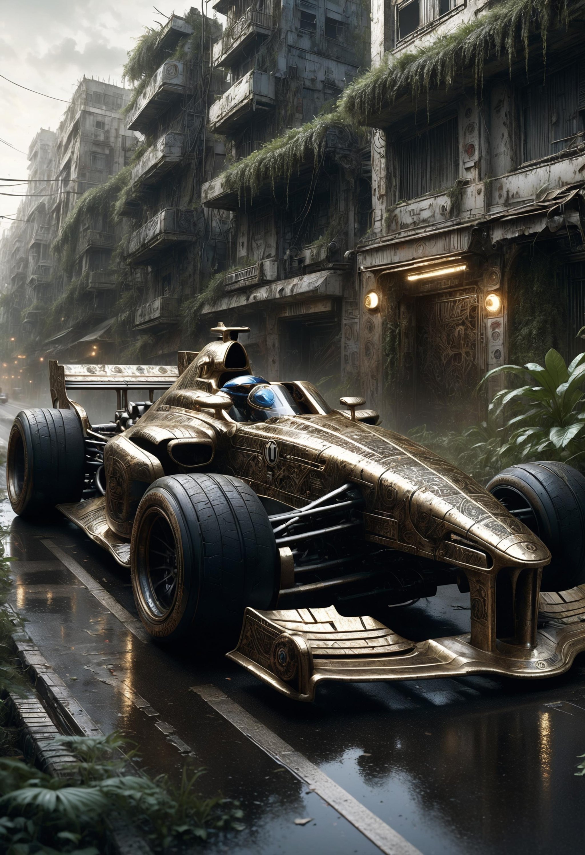 f1 car made of dvr-frft racing on a circuit, in a post-apocalyptic city overgrown with lush vegetation, by Luis Royo, by Greg Rutkowski, dark, gritty, intricate, backlit, strong rimlight, cover illustration, concept art, volumetric lighting, volumetric atmosphere, sharp focus<lora:dvr-frft:0.8>