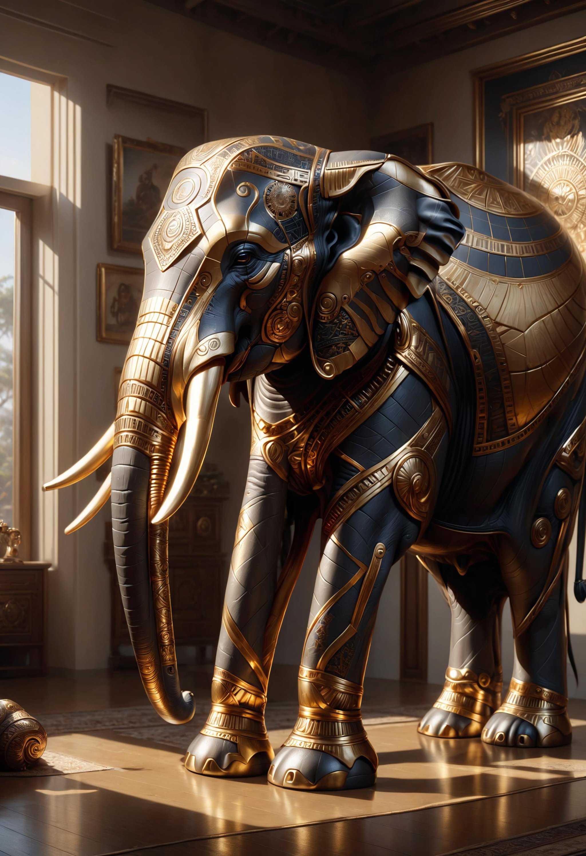 the elephant made of dvr-frft in the room, hyperrealistic, highly detailed, cinematic, single ray of golden sunlight, beautiful, cgssociety, artstation, 8 k, oil painting by greg rutkowski, by artgerm, by wlop<lora:dvr-frft:0.8>