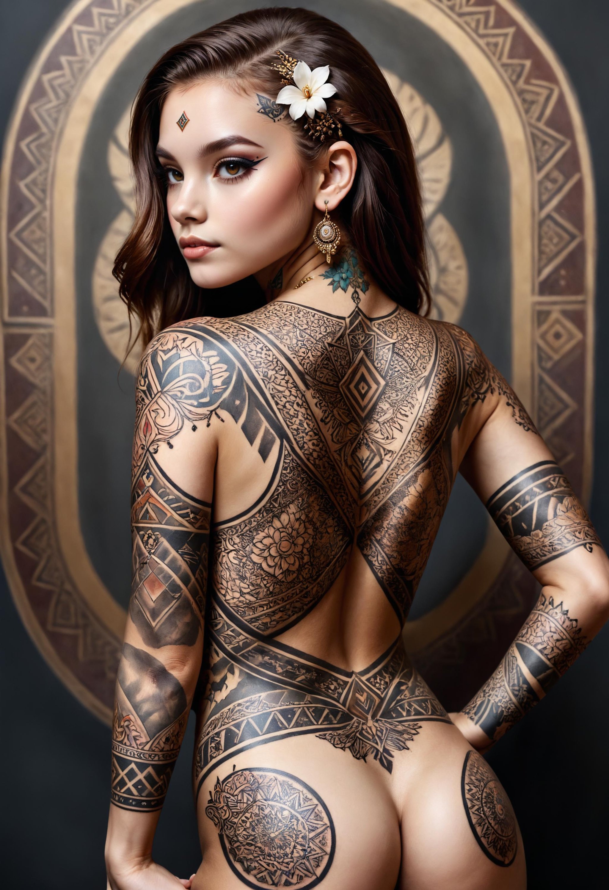 A captivating portrait of a boldly adorned young woman showcasing an intricate full-back tattoo<lora:dvr-frft:0.8> dvr-frft