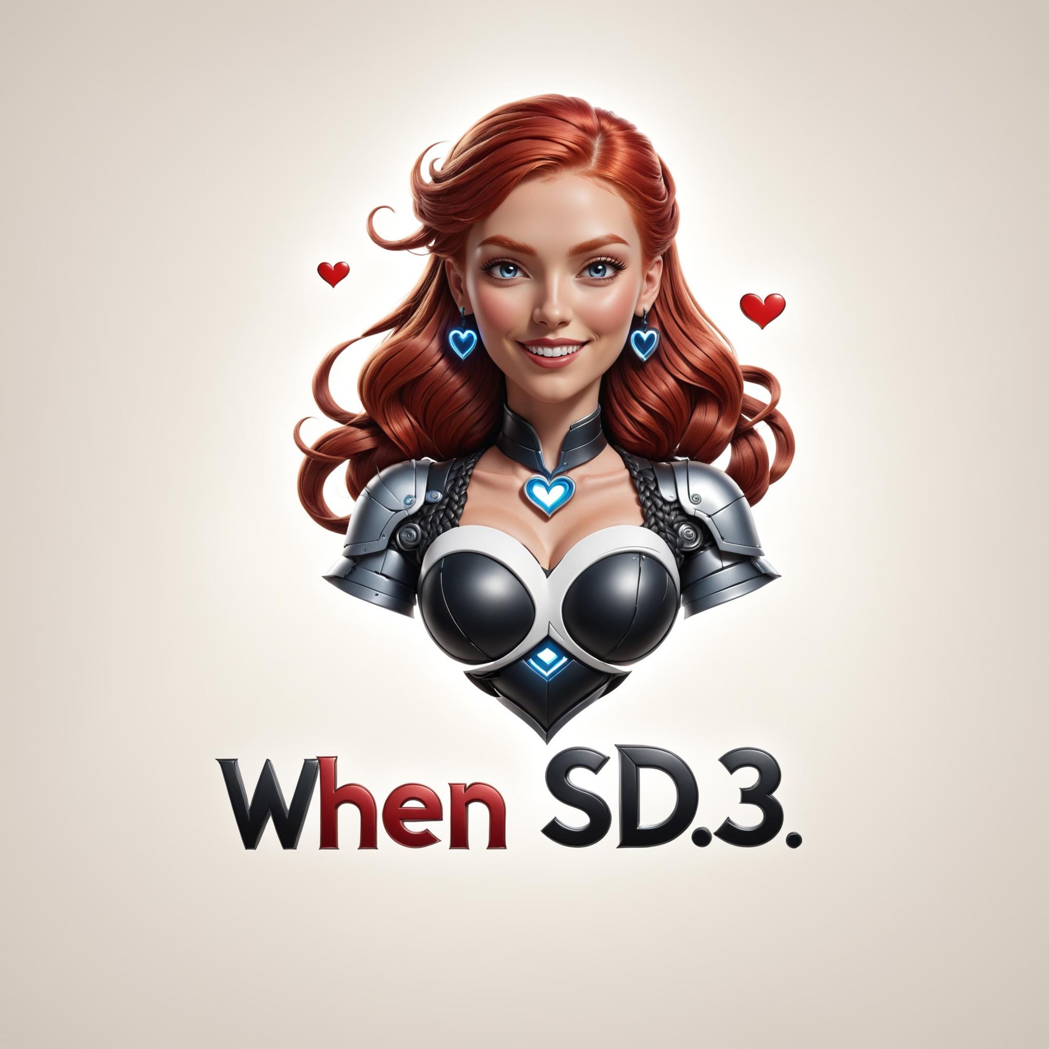 ("When SD3 ?" text logo:1.2),  a smiling robot red hair woman wearing leather, braided hair, white text, black outline, floating logo, embossed text, character name, heart shape, fantasy, simple background <lora:dvr-ftl:0.8>