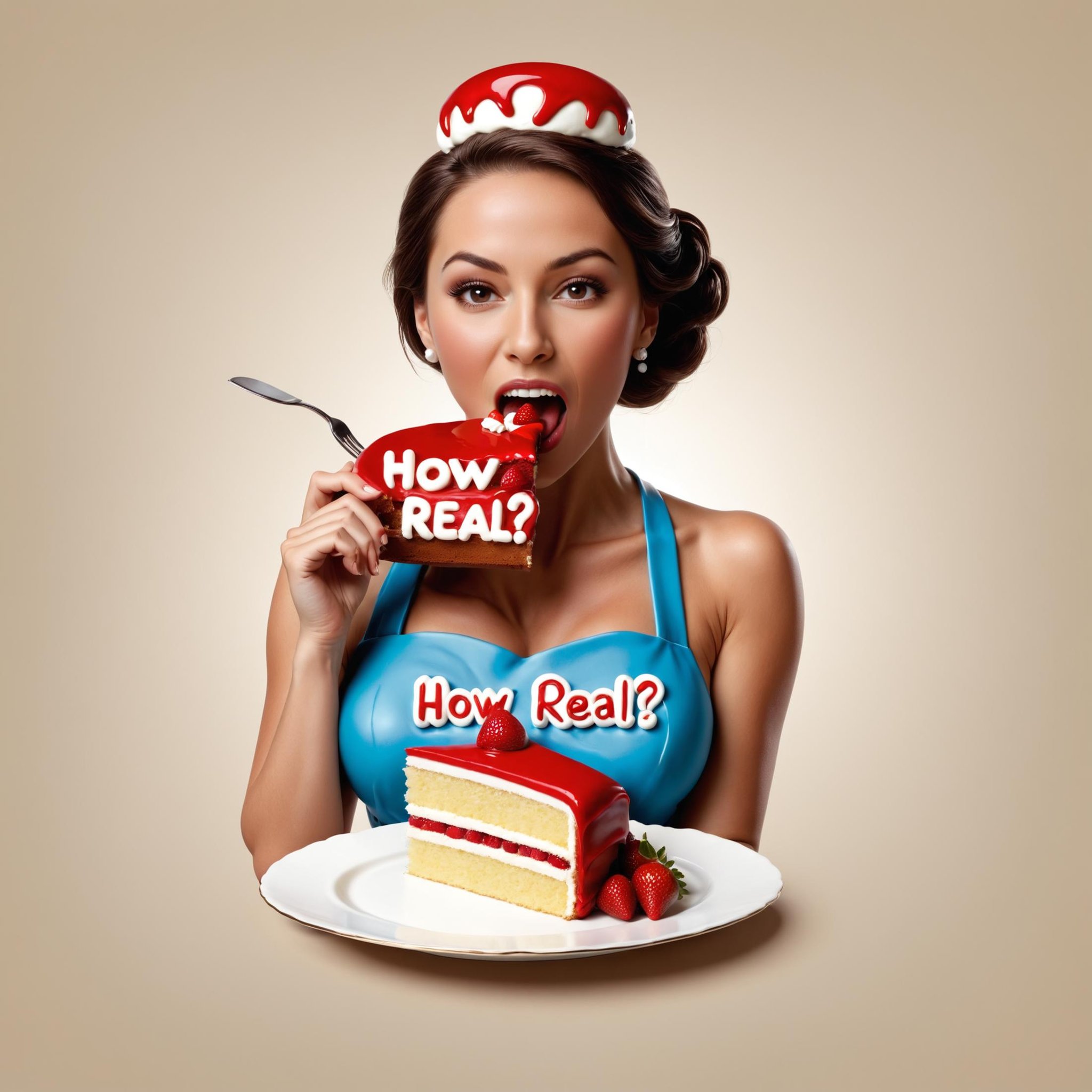 "How Real ?" text logo, a woman eating cake on her own, simple background <lora:dvr-ftl:0.8>