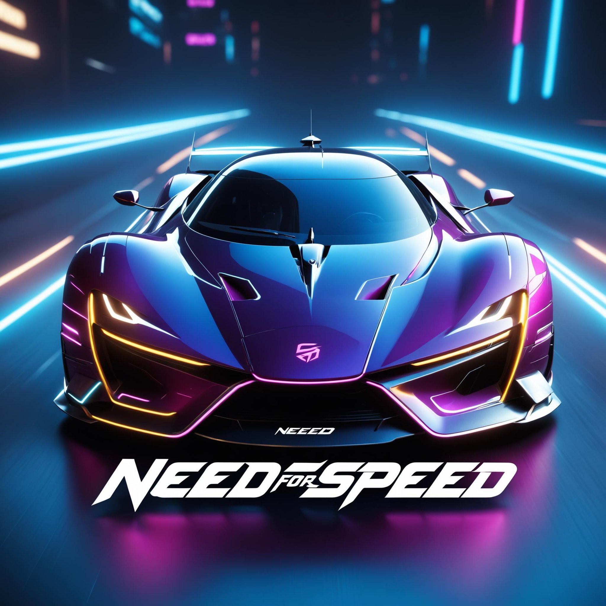 "Need for Speed" text logo, front view of cyberpunk futuristic hypercar, speed lines, blur, abstract, octane render, simple background <lora:dvr-ftl:0.8>