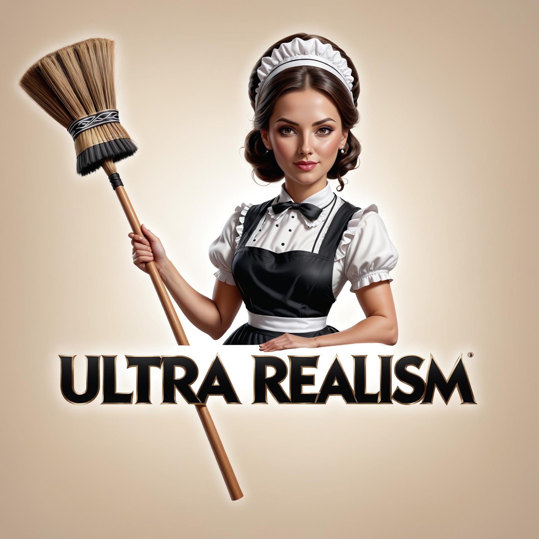 ("Ultra Realism" text logo), portrait of a woman dressed up as a maid holding a broom, advert, realistic, gradient background <lora:dvr-ftl:0.8>