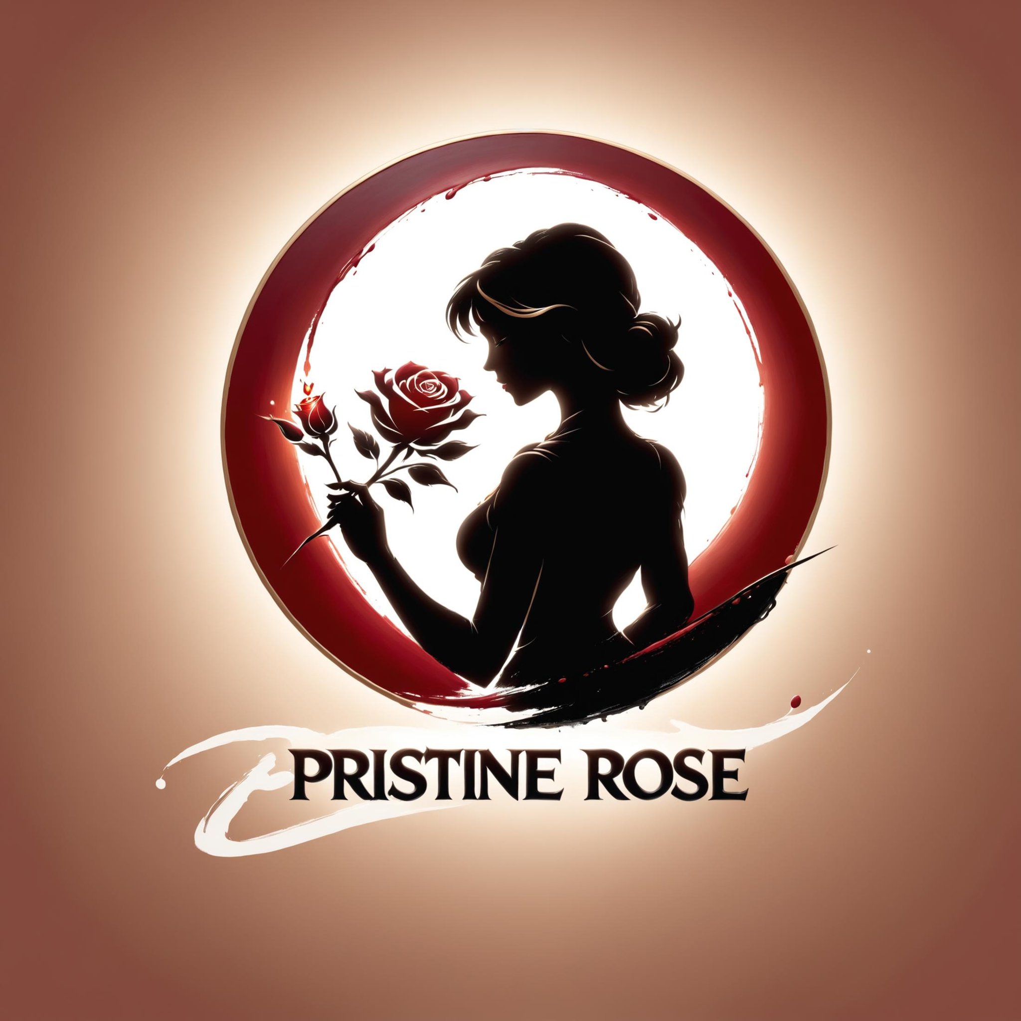 "Pristine Rose" text logo, a silhouette of an artist painting on a canvas, side view, brush in hand, red glow, simple background <lora:dvr-ftl:0.8>