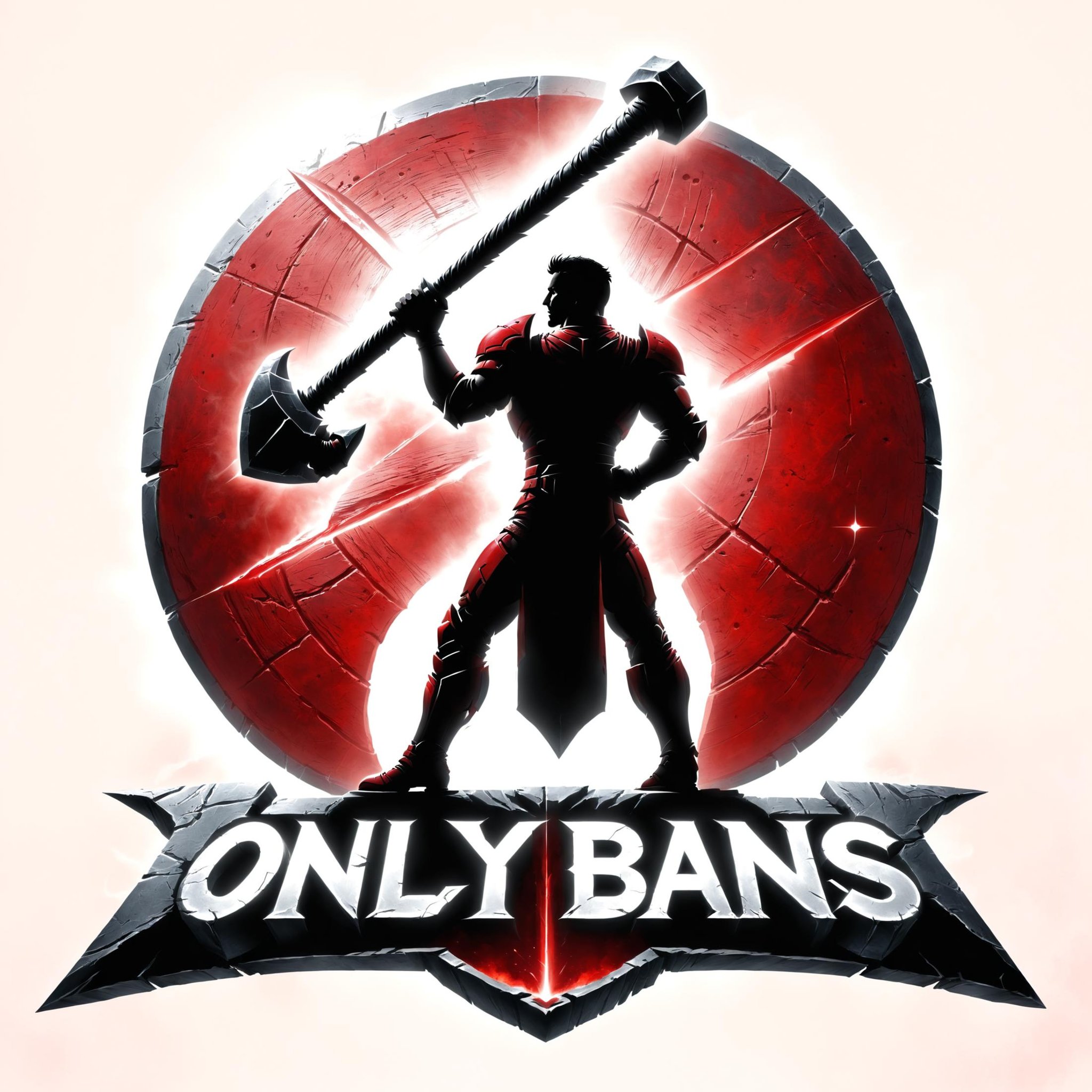 "Only Bans" text logo, silhouette of a man holding a large red dwarf hammer, monochrome <lora:dvr-ftl:1>