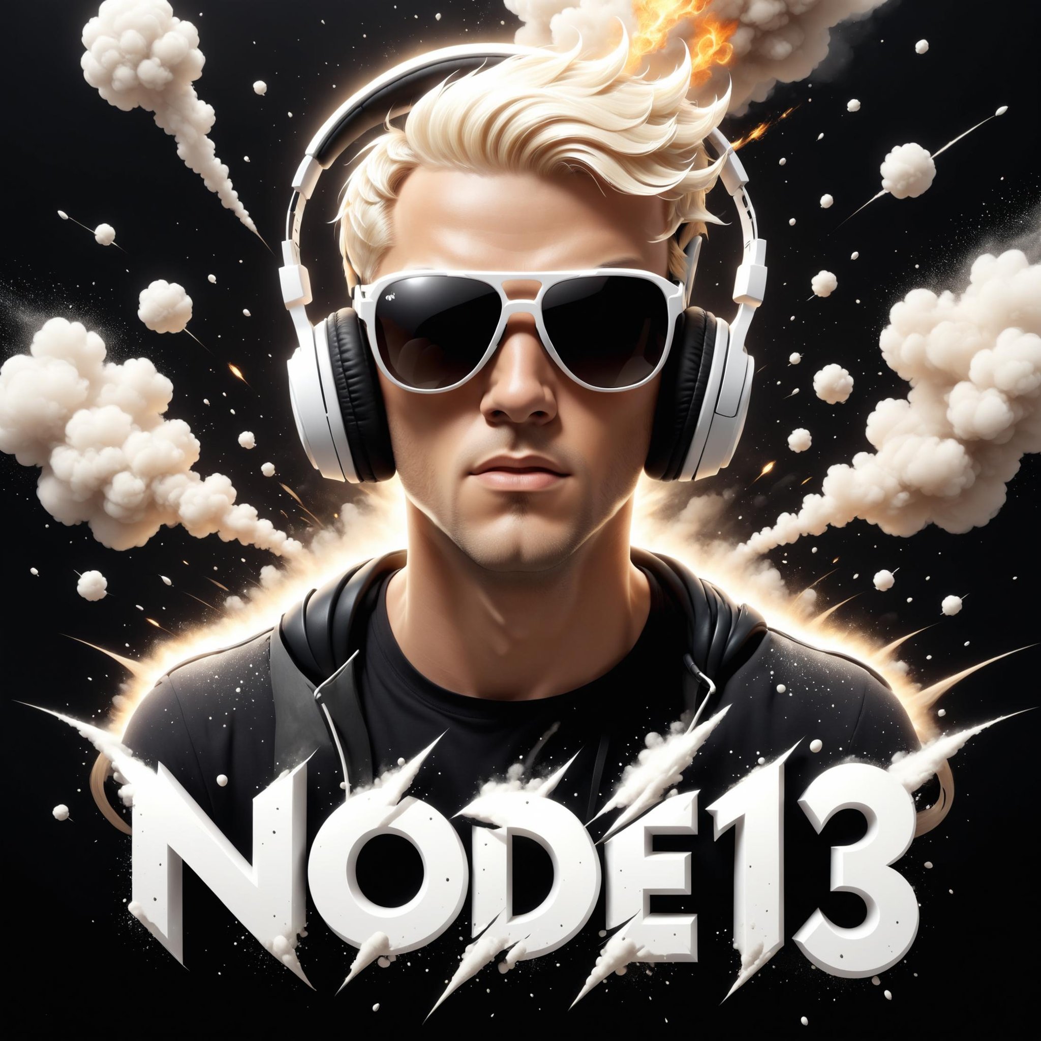 ("NODE13" text logo:1.2),  a blonde short hair man wearing headphones and sunglasses, white, black, floating logo, embossed text, character name, dust explosion, fantasy, simple background <lora:dvr-ftl:0.8>