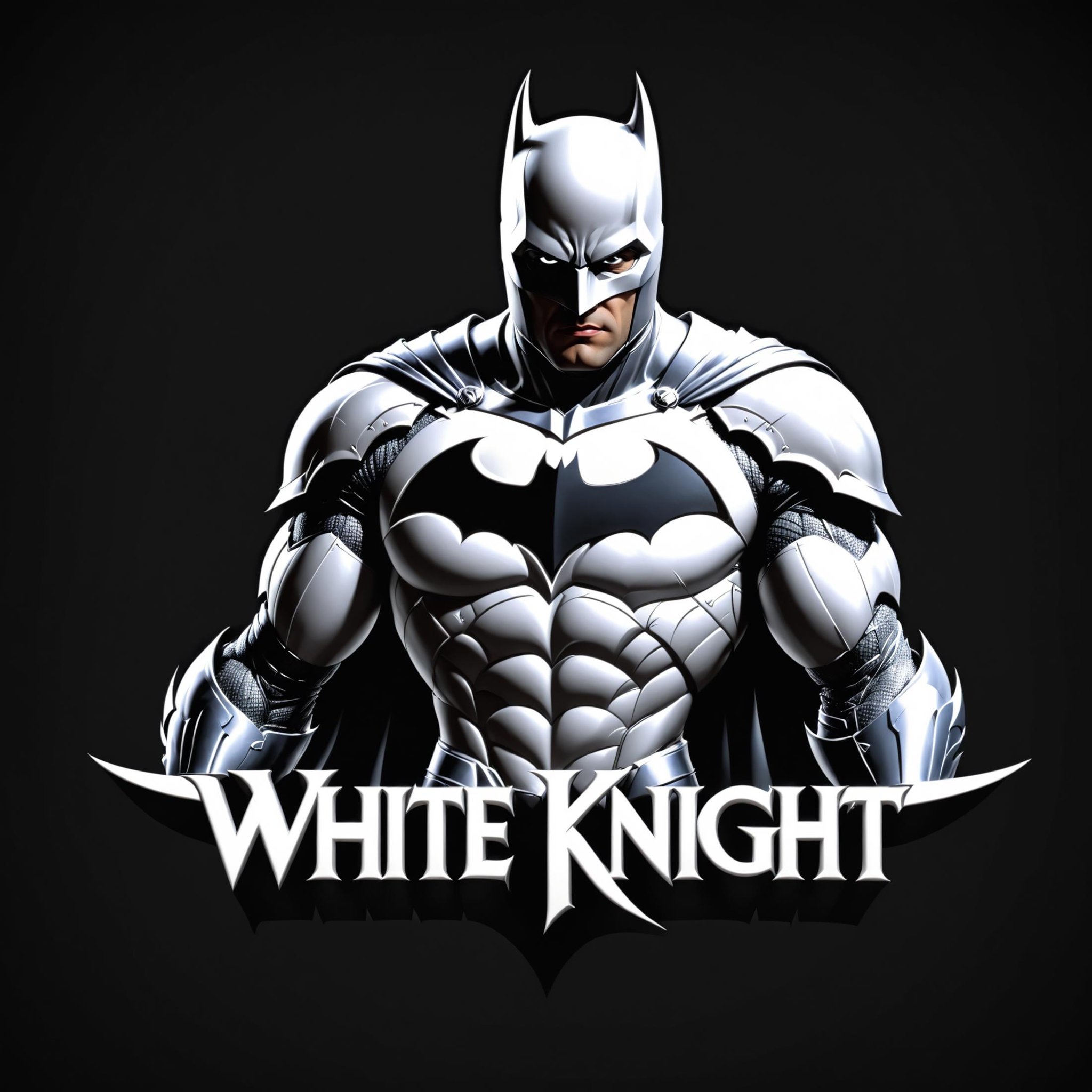 ("White Knight" text logo:1.5), Batman but his clothes are white, 3d text, black background <lora:dvr-ftl:0.8>