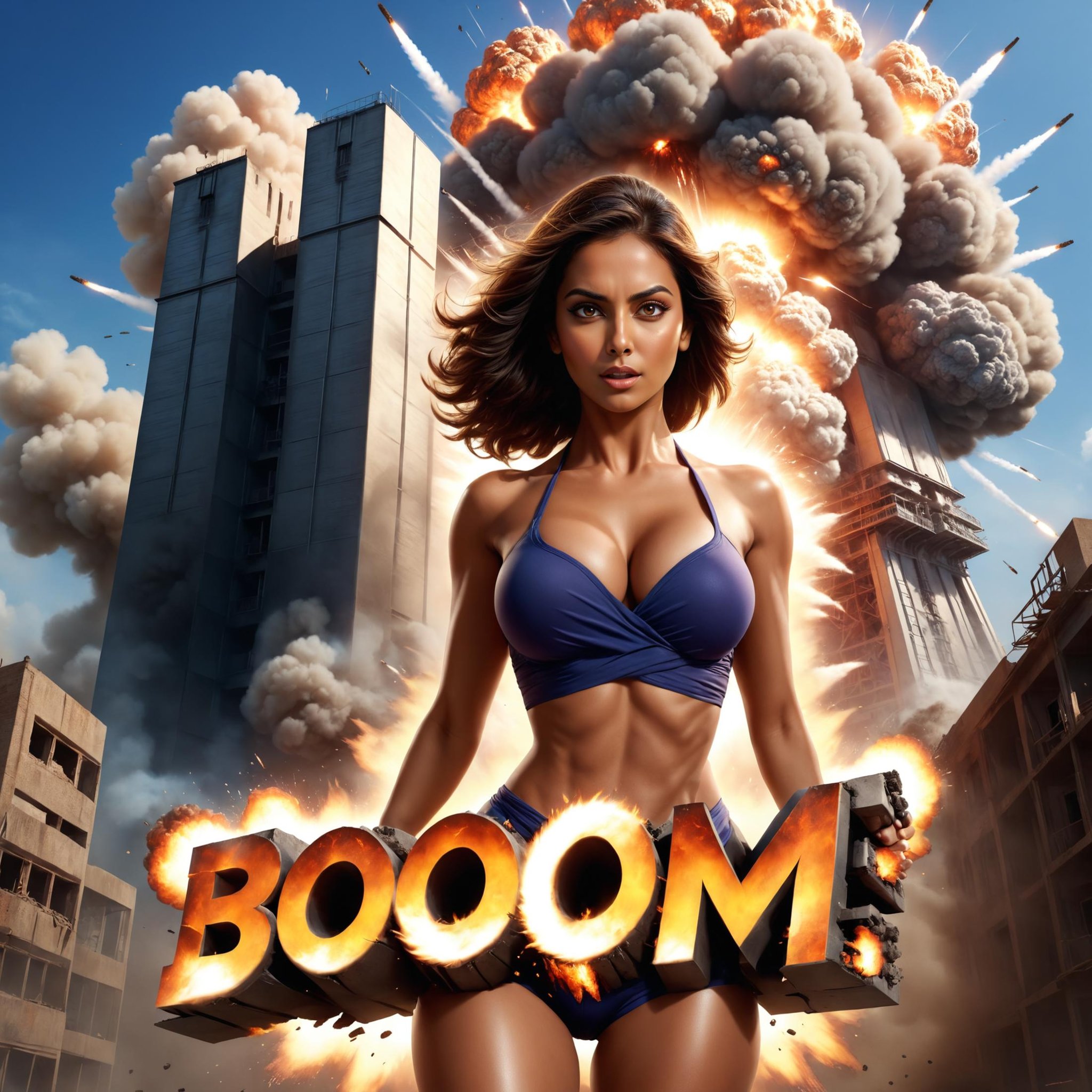 ("Boom!":1.9), text logo, a Bollywood action movie poster featuring a topless attractive woman, nuclear explosion, burning building, full body shot, subsurface scattering, ultra hd, 4k, high def, Photorealistic, Hyperrealistic, Hyper detailed, analog style, realistic, masterpiece, best quality, ultra realistic, 8k, Intricate, High Detail, film photography, soft lighting,  heavy shadow <lora:dvr-ftl:0.8>