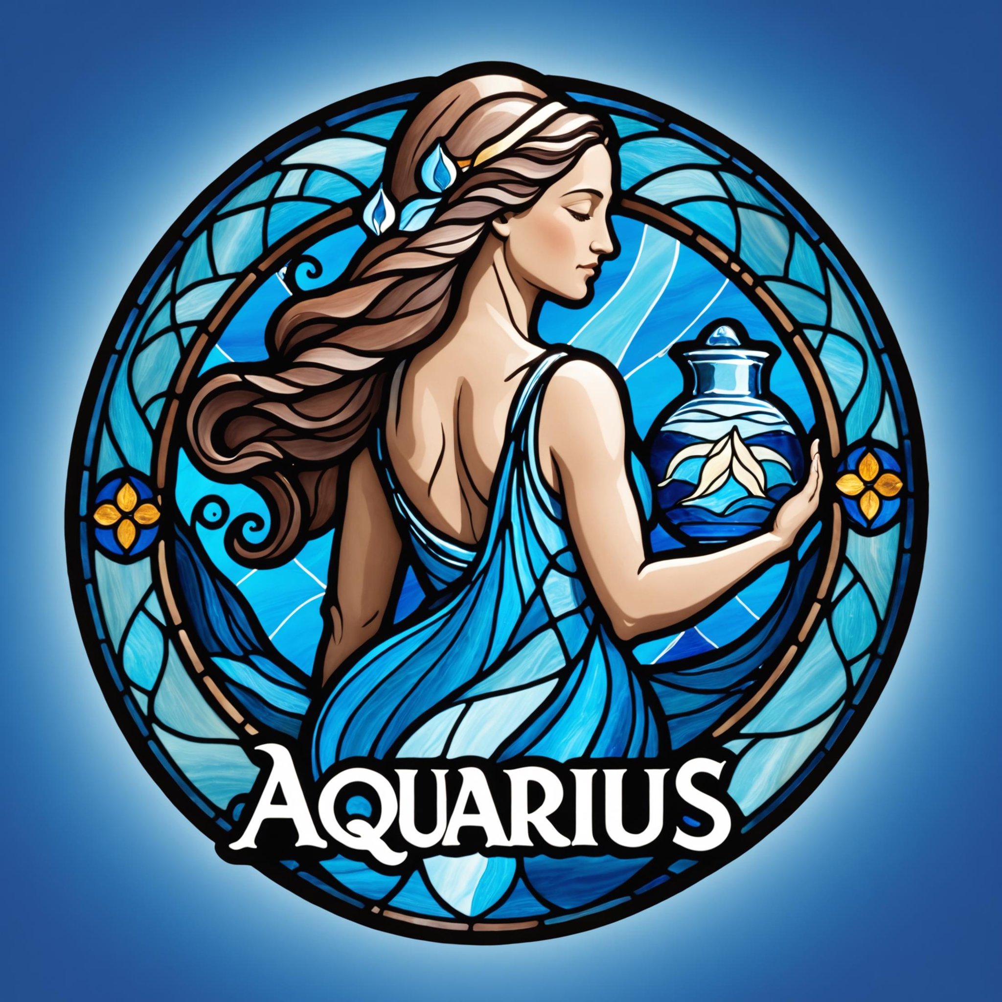 Stained glass window, ("AQUARIUS" text logo:1.5), woman carrying a clay water jug, text logo <lora:dvr-ftl:0.8>