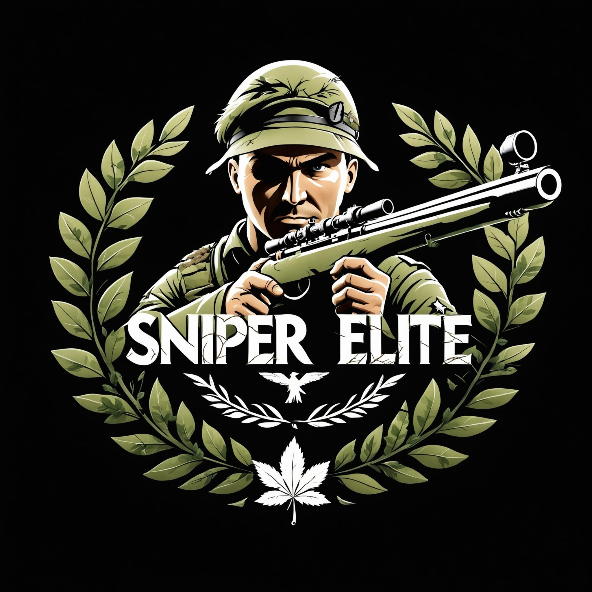 ("Sniper Elite" text logo:1.2),  an army sniper camouflaged by forest leaves, game logo, ghillie suite, medal, black background <lora:dvr-ftl:0.8>