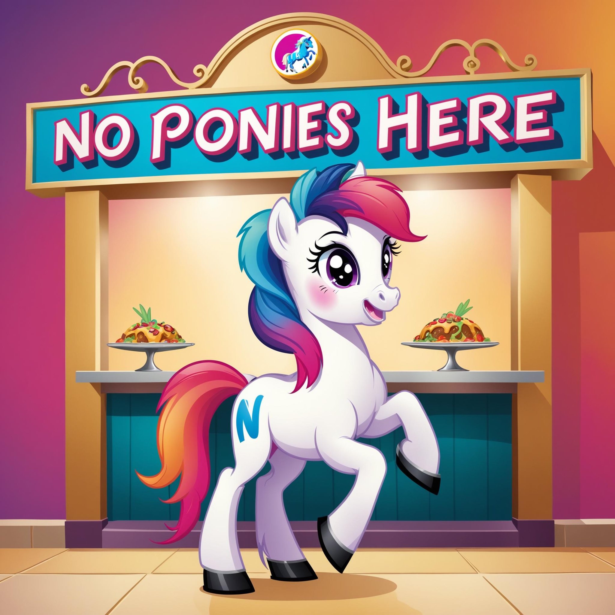 a cartoon pony tries to enter a fancy restaurant and is greeted by a sign that says ("NO PONIES HERE" text logo), colorful, gradient background <lora:dvr-ftl:0.5>