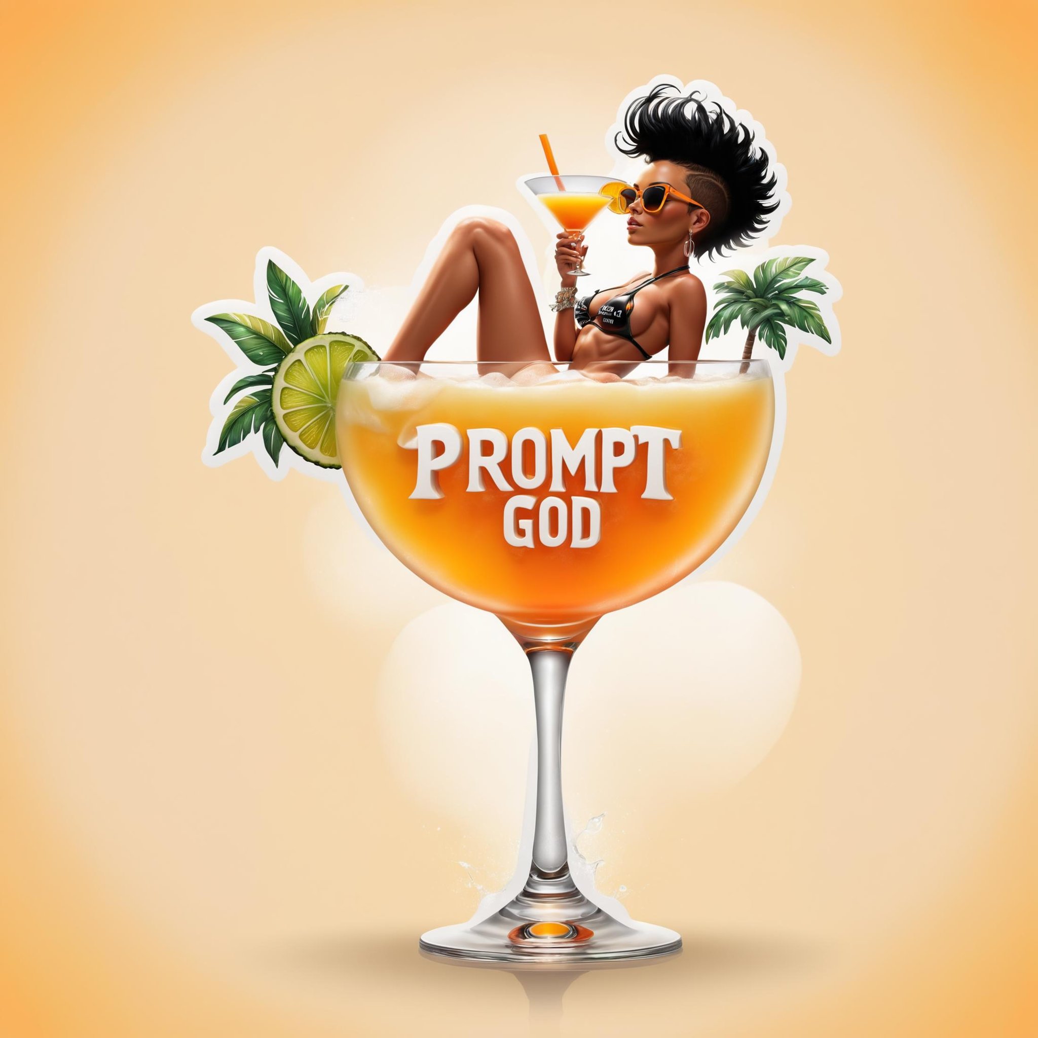 ("Prompt God" text logo:1.5), a woman with pixie mohawk hair in a bikini and sunglasses relaxing in a large cocktail glass with her feet dangling over the glass rim, white, orange, black text, embossed text, pina colada, lime, sun, realistic, fantasy, gradient background <lora:dvr-ftl:0.5>