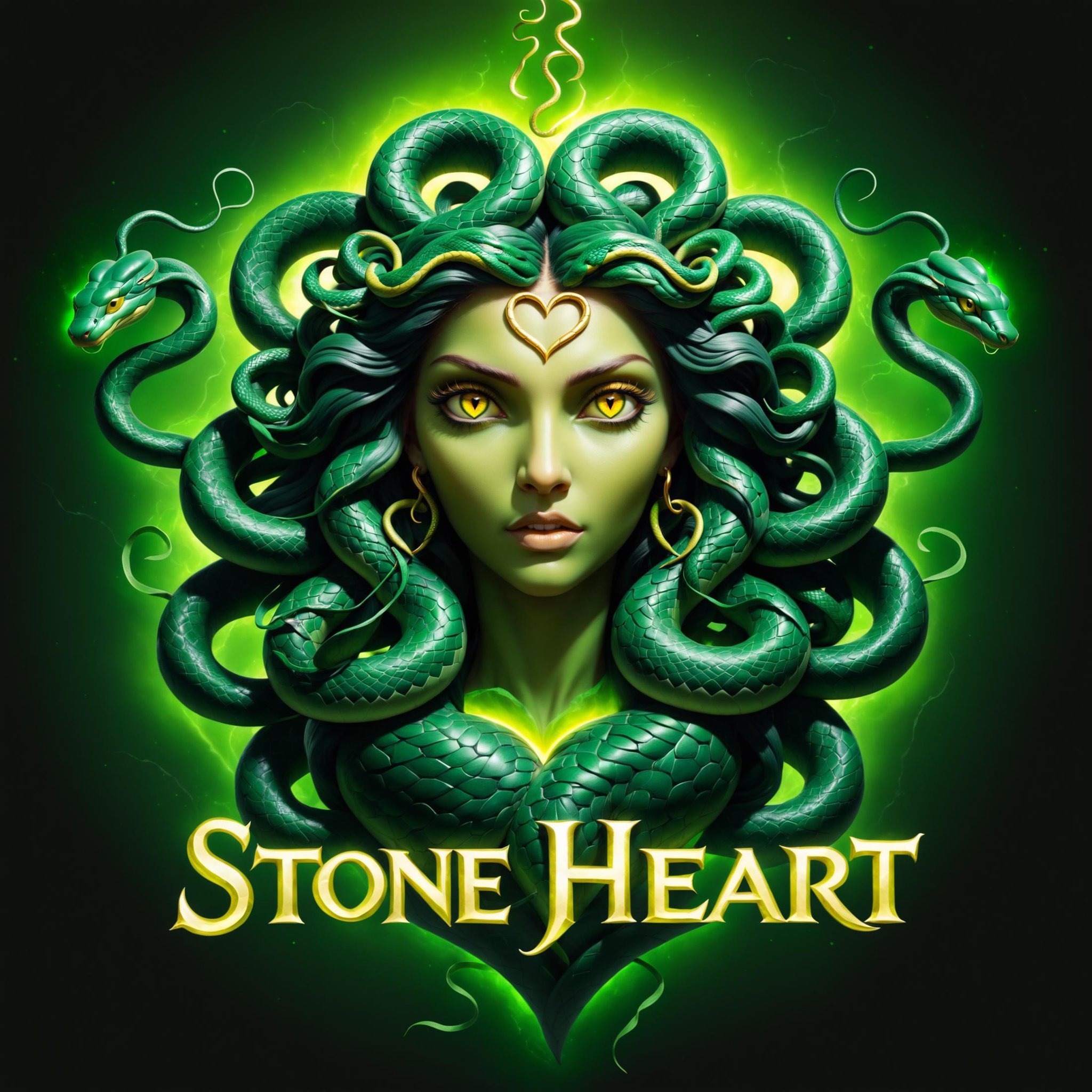 "Stone Heart" text logo, a portrait of Medusa, green snakes as hair, yellow glowing eyes, simple background <lora:dvr-ftl:0.8>