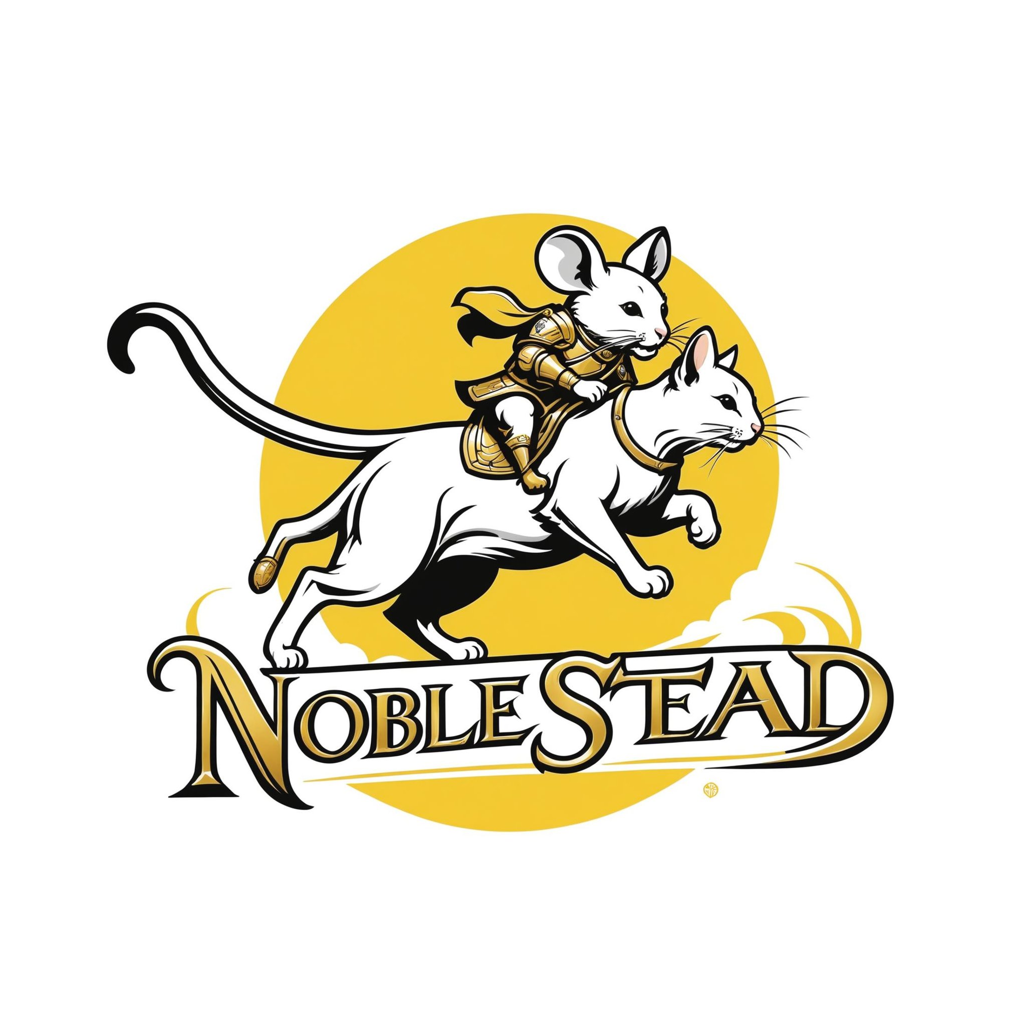 ("Noble stead" text logo:1.5), a mouse riding a cat into battle, side view, white, yellow, silver text, wrapped text, line art, white background <lora:dvr-ftl:0.5>