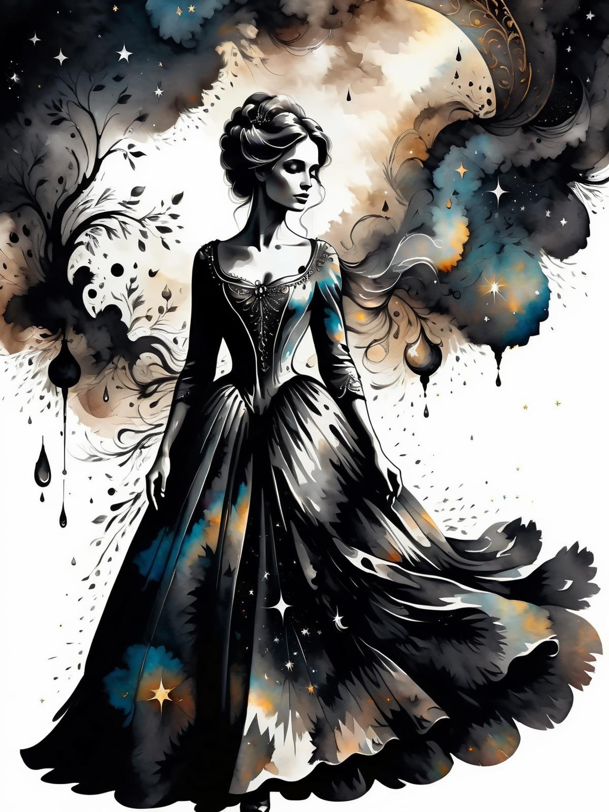 a woman with a long dress against a celestial background, double exposure, charcoal, dramatic digital illustration, abstract, high quality, beautiful, highly detailed, 8k, fantasy, (monochrome:1.2), Inkstains <lora:SDXLInkStains:1> , <lora:GeorgianStyleLocal:0.8> GeorgianStyle