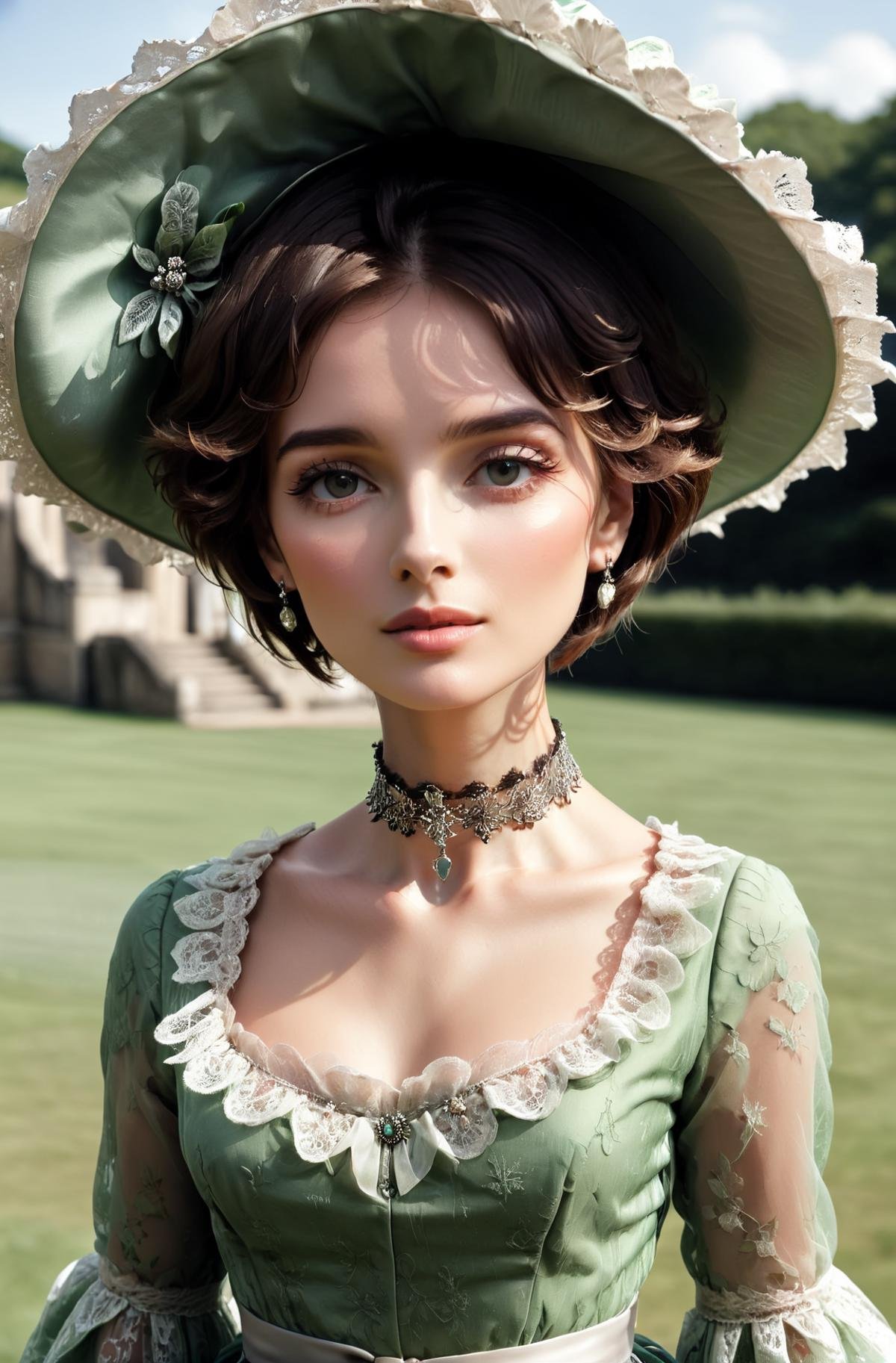 <lora:GeorgianStyleLocal:0.8> GeorgianStyle, woman wearing a gree and white lace dress, large hat, short hair, silver choker