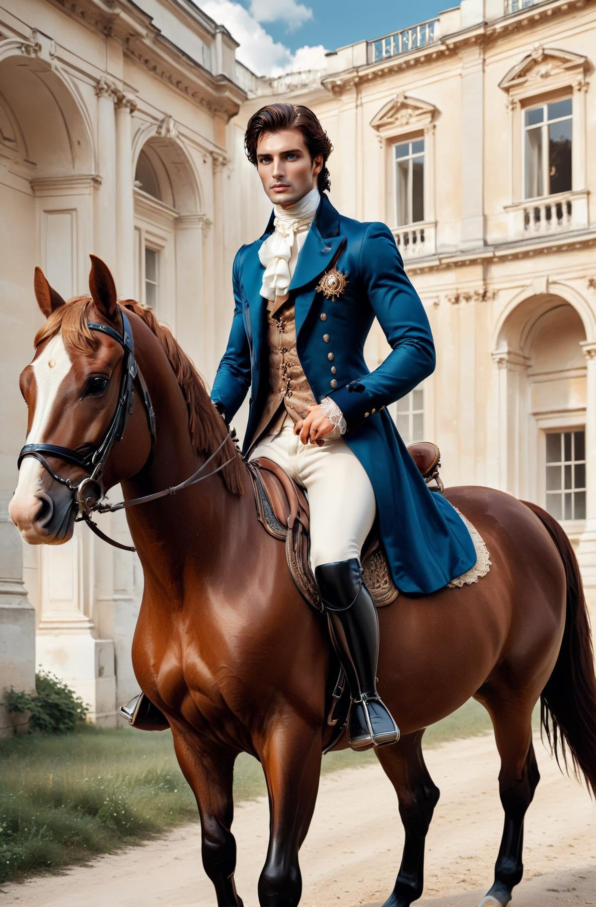 <lora:GeorgianStyleLocal:0.8> GeorgianStyle, elegant man riding a horse