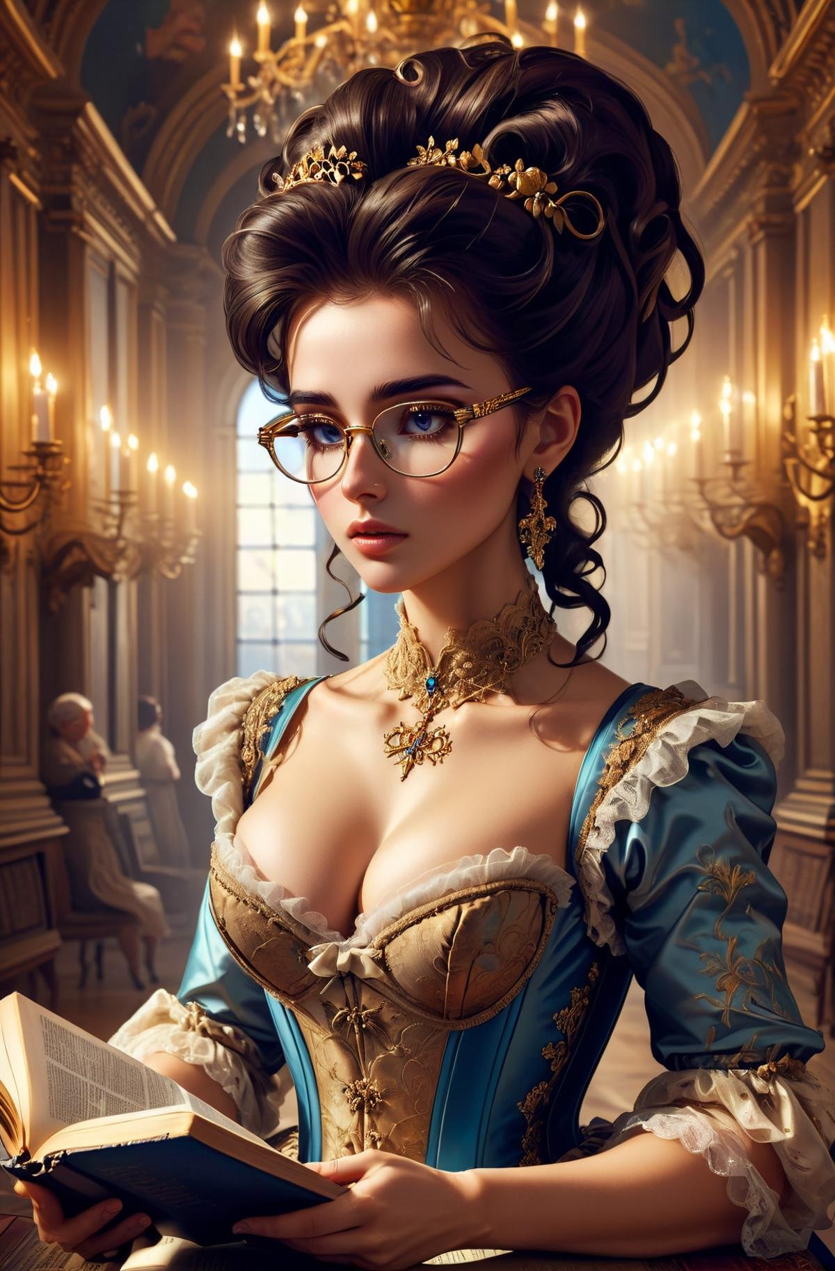 <lora:GeorgianStyleLocal:0.8> GeorgianStyle, woman with tall dark quiff hair, clippings, baroco dress, corset, eyeglasses, golden ratio, bible, praying, royal cleavage, colorful, lighting, adobe lights, elegant, stunning, incredible, glossy, intricately detailed, intricate concept, artstation, sharp focus