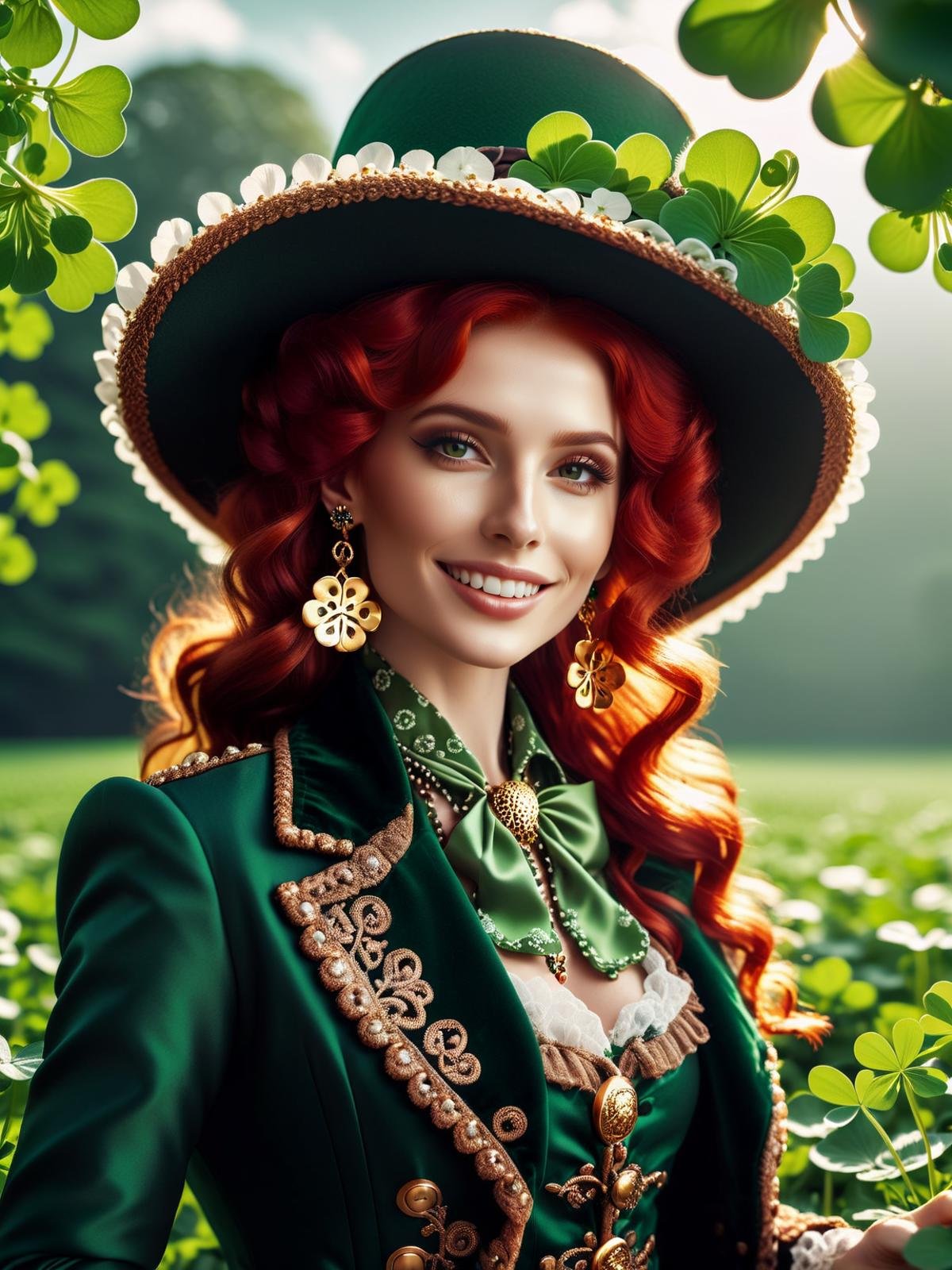 cinematic photo big smile female leprechaun, squinting, cocked hat, clovers, raining clovers, clover earrings, clover patterned vest, clover pendant, clover buttons, red hair, it's fucking clovers everywhere and it's windy, high contrast, intricate details, dynamic lighting, Photorealistic, Hyperrealistic, Hyperdetailed, analog style, detailed skin, matte skin, soft lighting, subsurface scattering, realistic, heavy shadow, masterpiece, best quality, ultra realistic, 8k, golden ratio, Intricate, High Detail, film photography, soft focus, <lora:GeorgianStyleLocal:1> GeorgianStyle . 35mm photograph, film, bokeh, professional, 4k, highly detailed